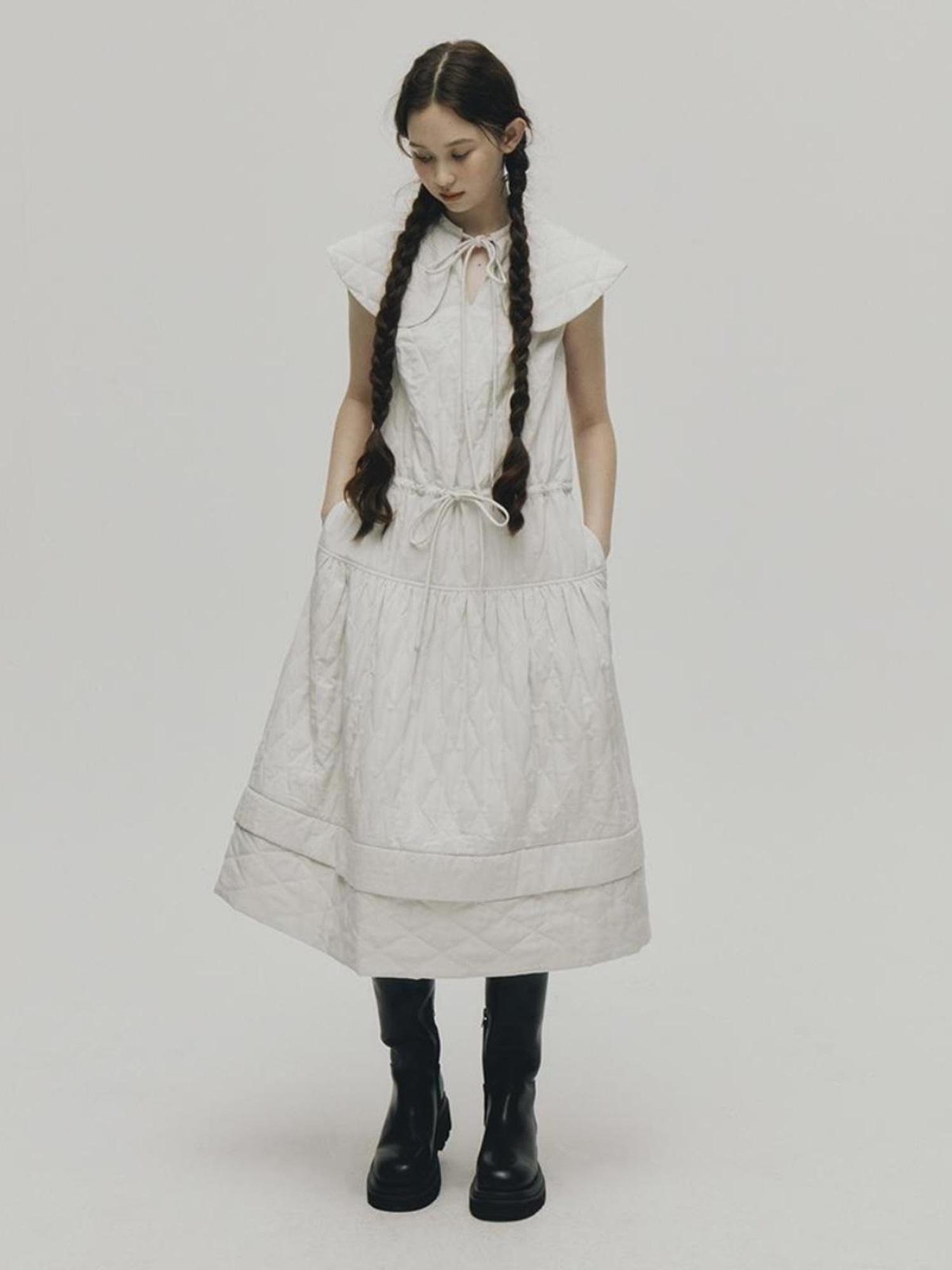 FUSSED Quilted Diamond Stitch Smock Dress In Soft Mist White