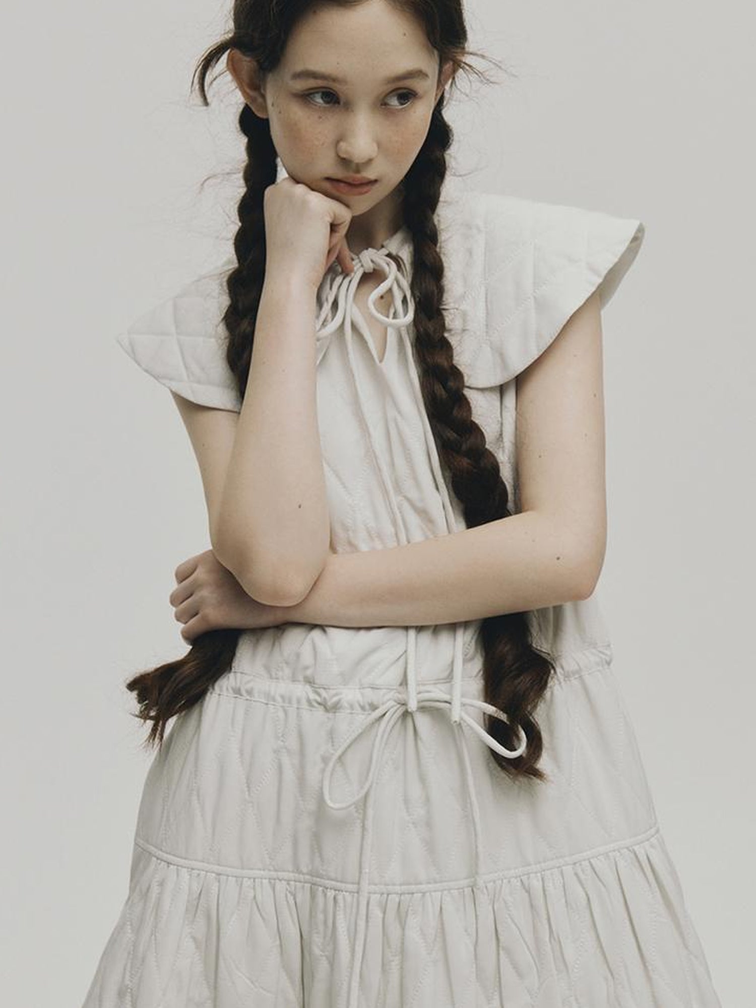 FUSSED Quilted Diamond Stitch Smock Dress In Soft Mist White