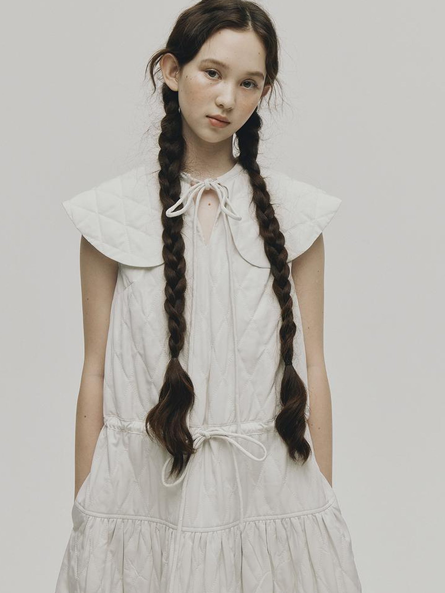 FUSSED Quilted Diamond Stitch Smock Dress In Soft Mist White