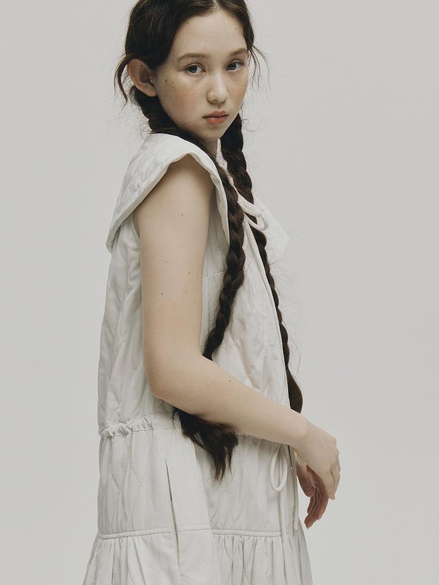 FUSSED Quilted Diamond Stitch Smock Dress In Soft Mist White