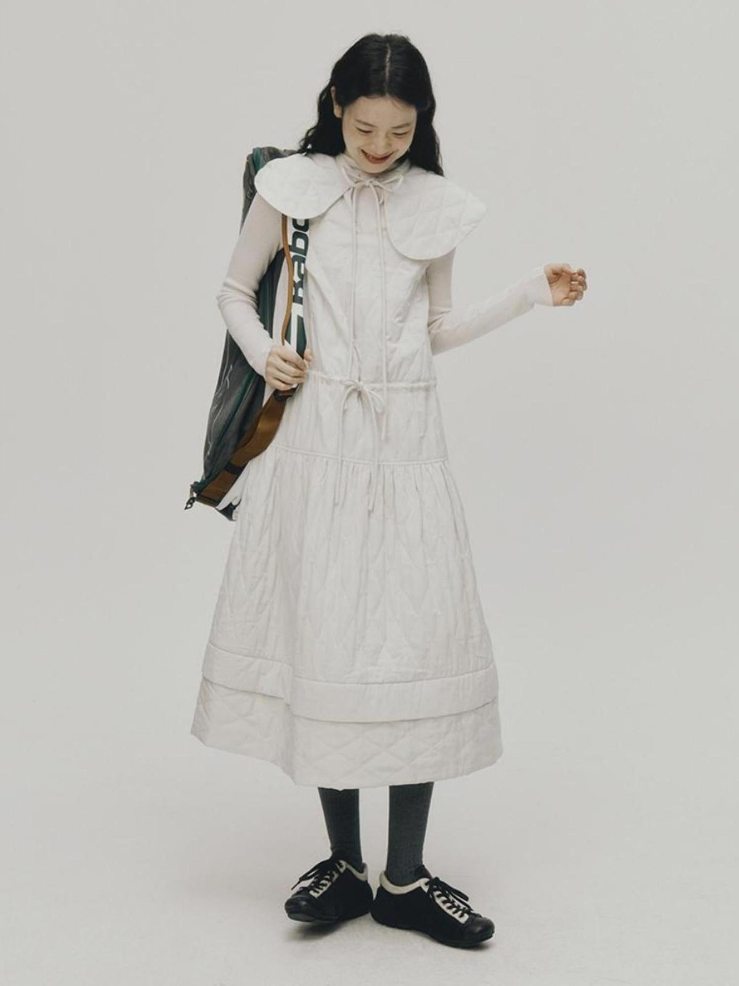 FUSSED Quilted Diamond Stitch Smock Dress In Soft Mist White