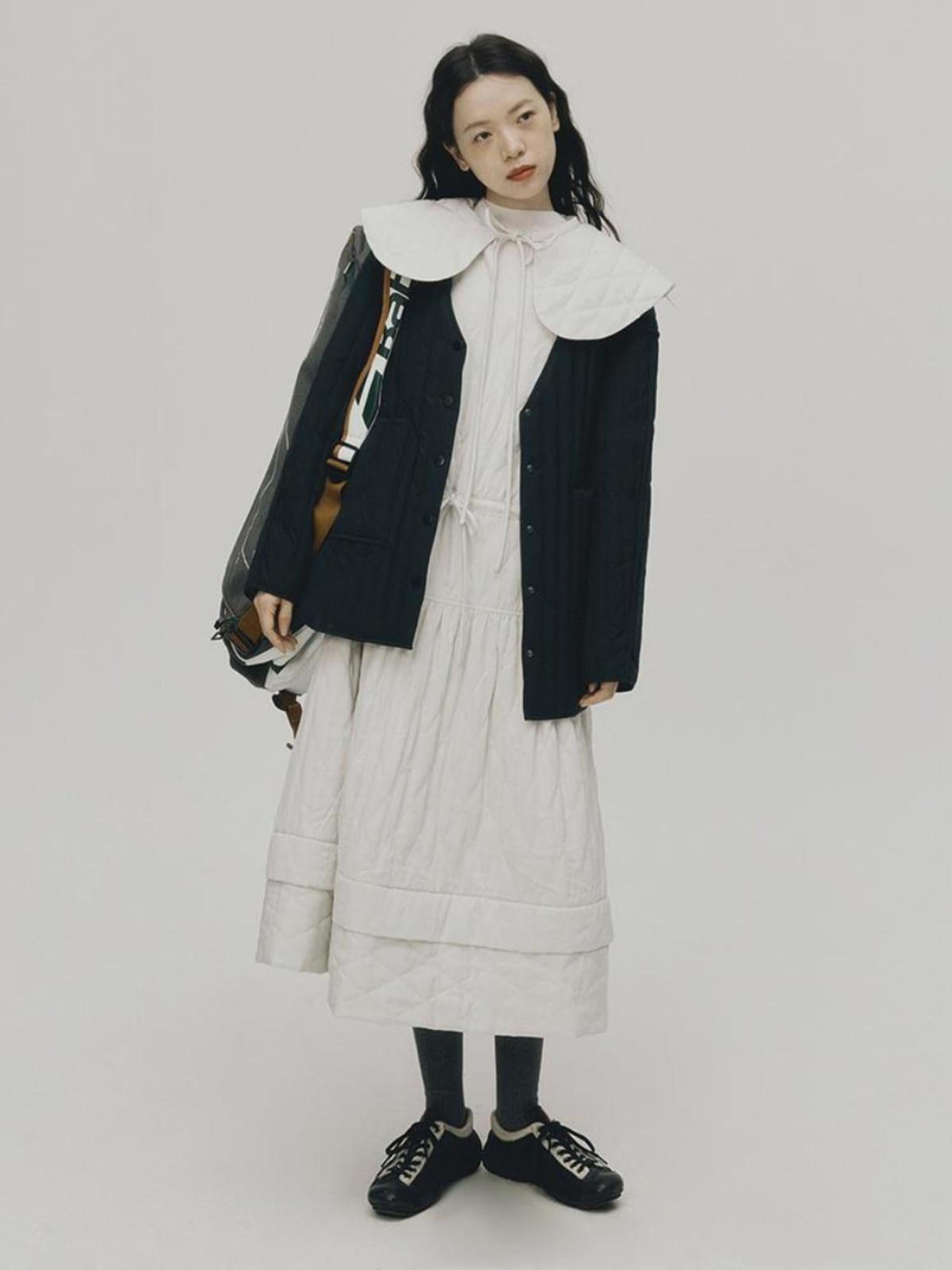 FUSSED Quilted Diamond Stitch Smock Dress In Soft Mist White