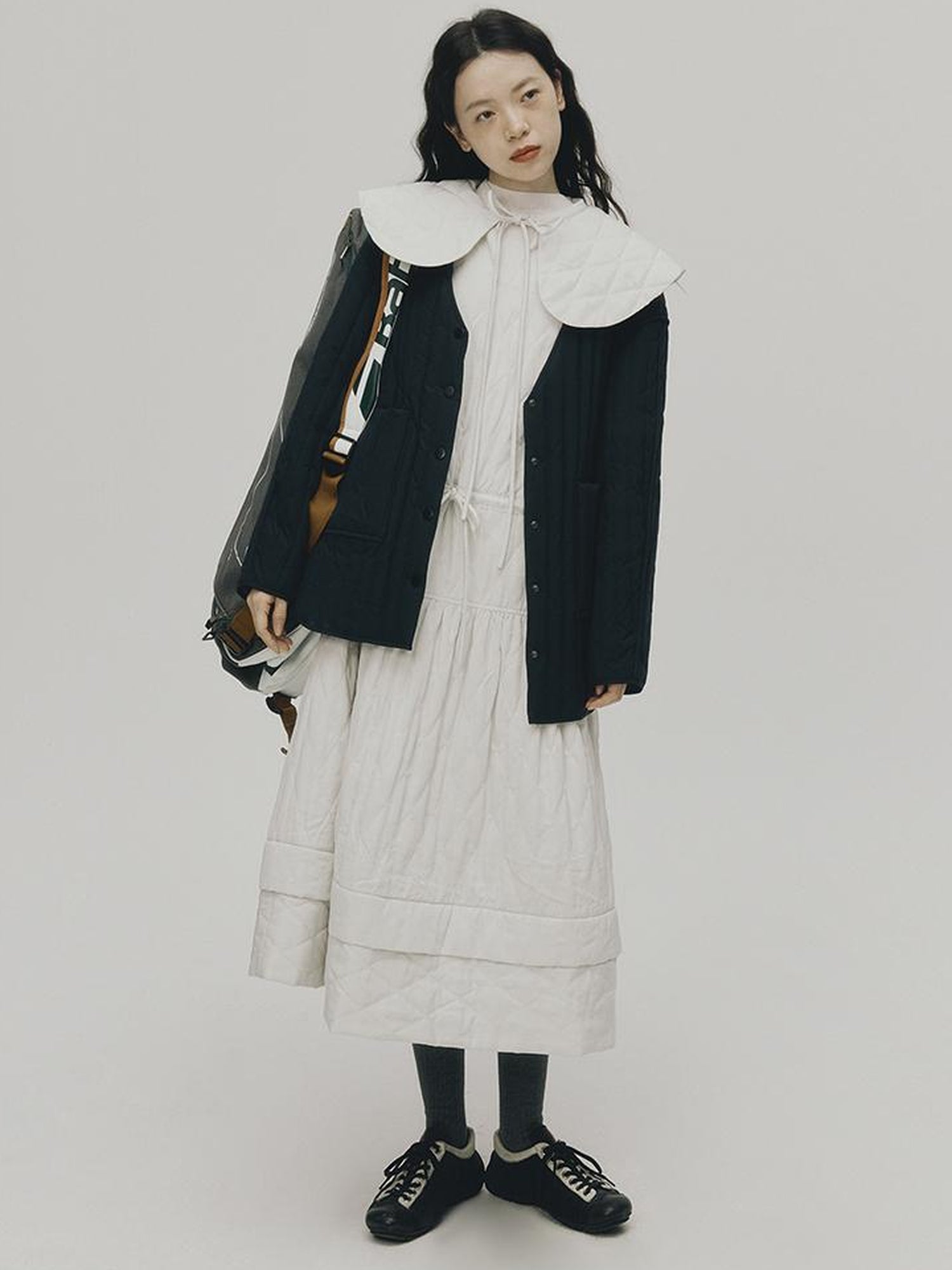 FUSSED Quilted Diamond Stitch Smock Dress In Soft Mist White