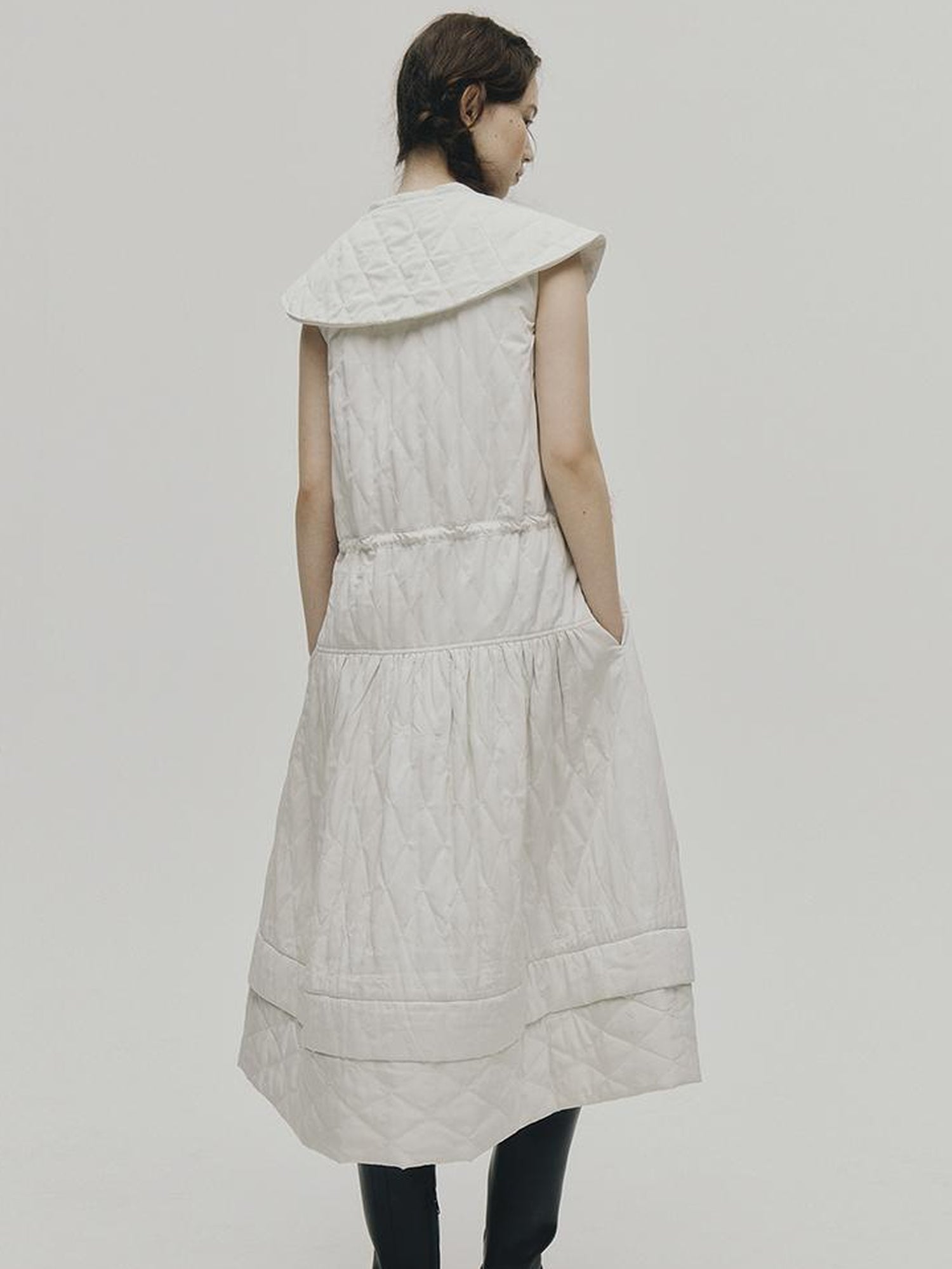 FUSSED Quilted Diamond Stitch Smock Dress In Soft Mist White