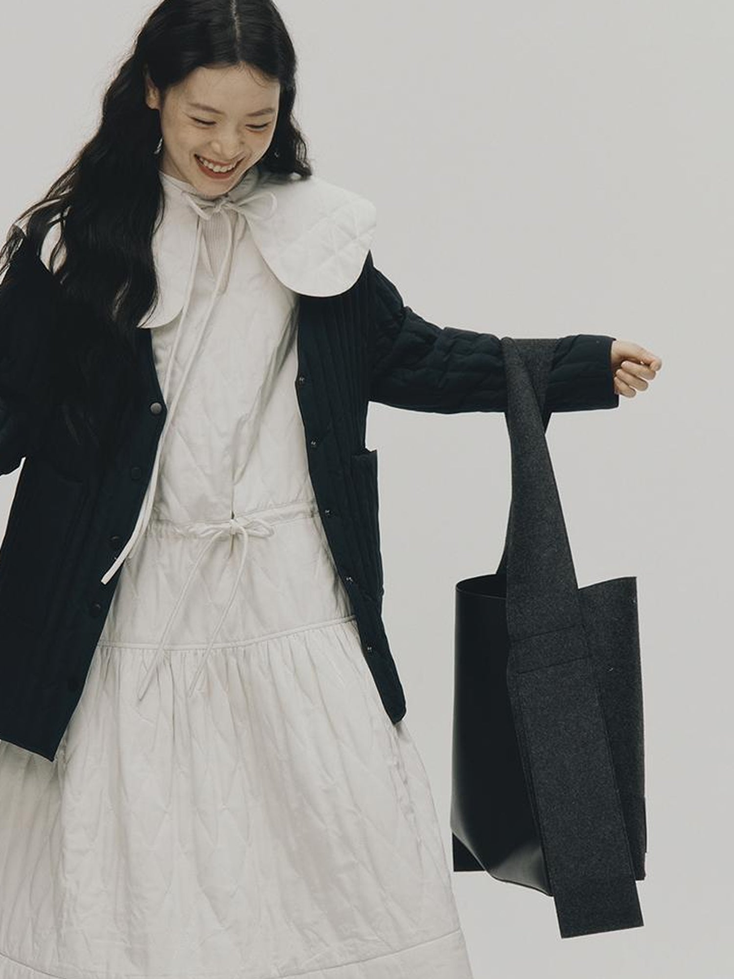 FUSSED Quilted Diamond Stitch Smock Dress In Soft Mist White