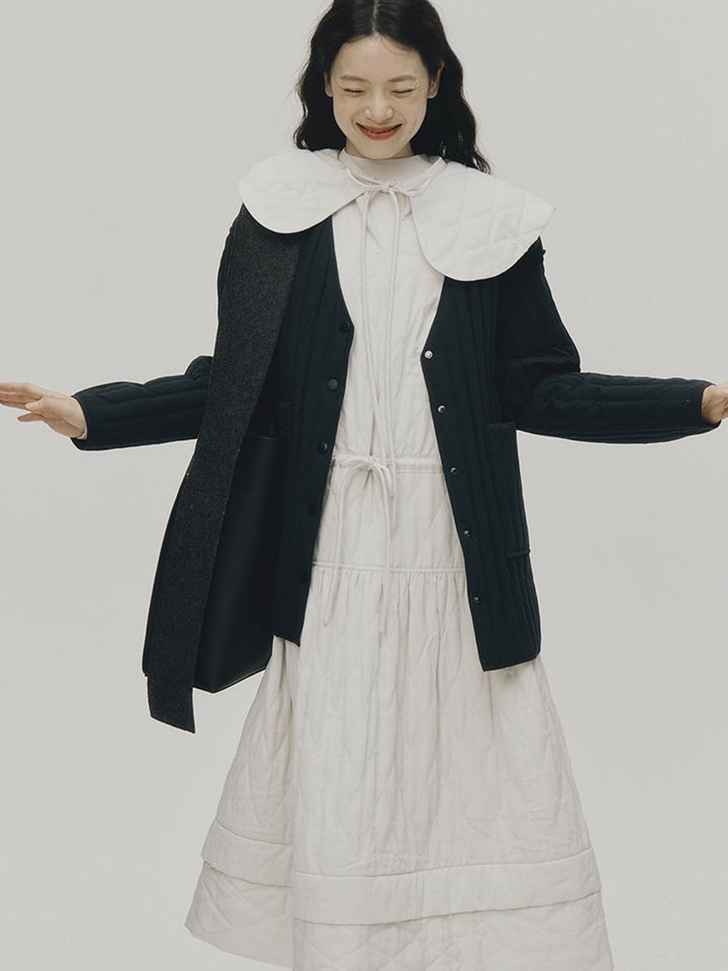 FUSSED Quilted Diamond Stitch Smock Dress In Soft Mist White