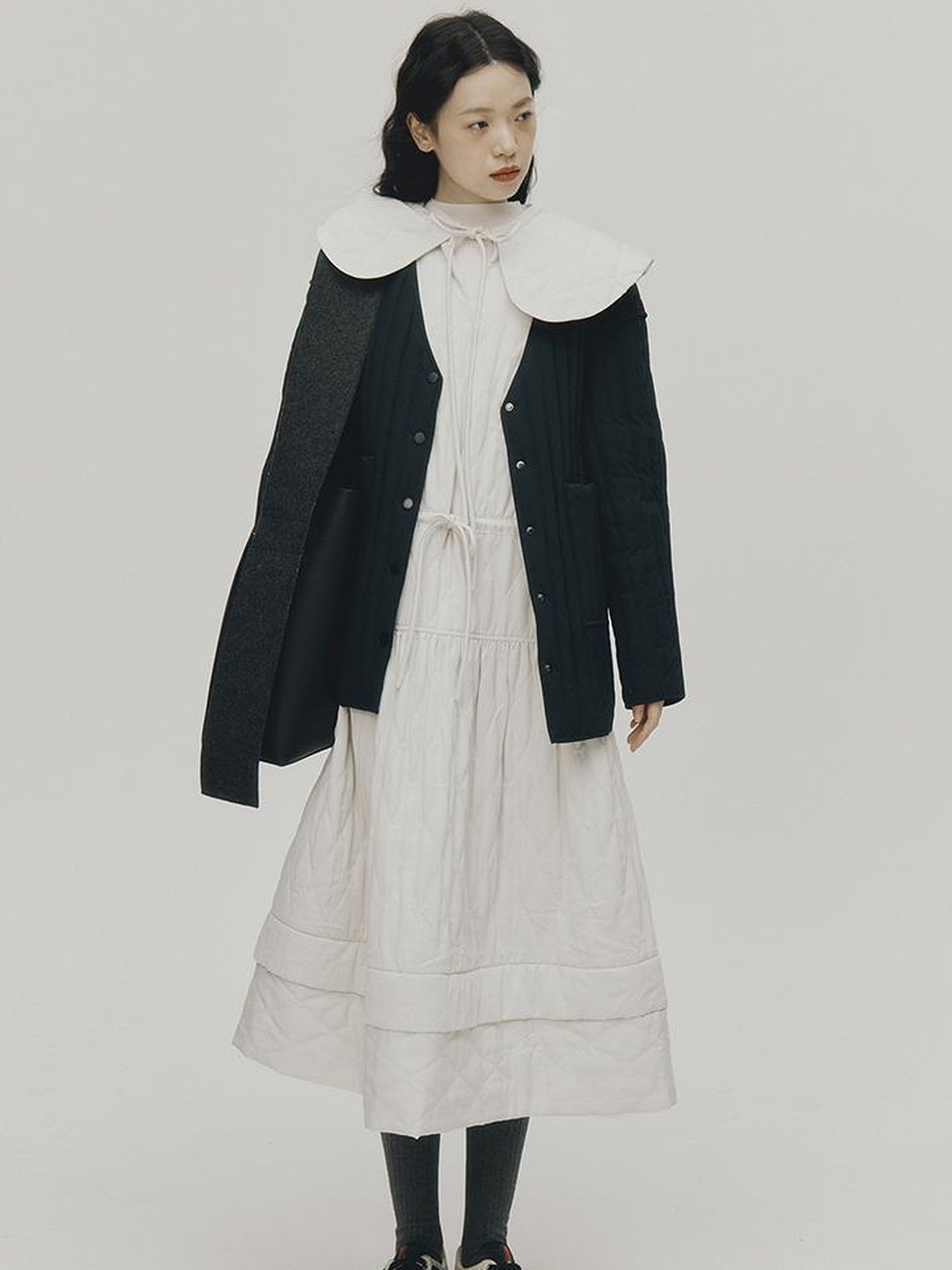 FUSSED Quilted Diamond Stitch Smock Dress In Soft Mist White