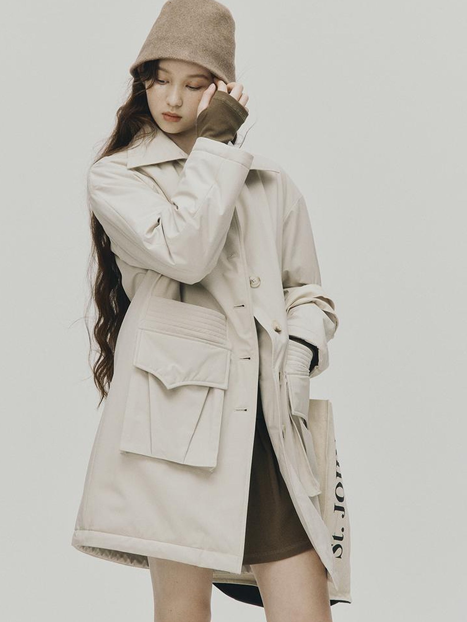 FUSSED Quilted Wool Filled Trench Coat In Oatmeal Grey