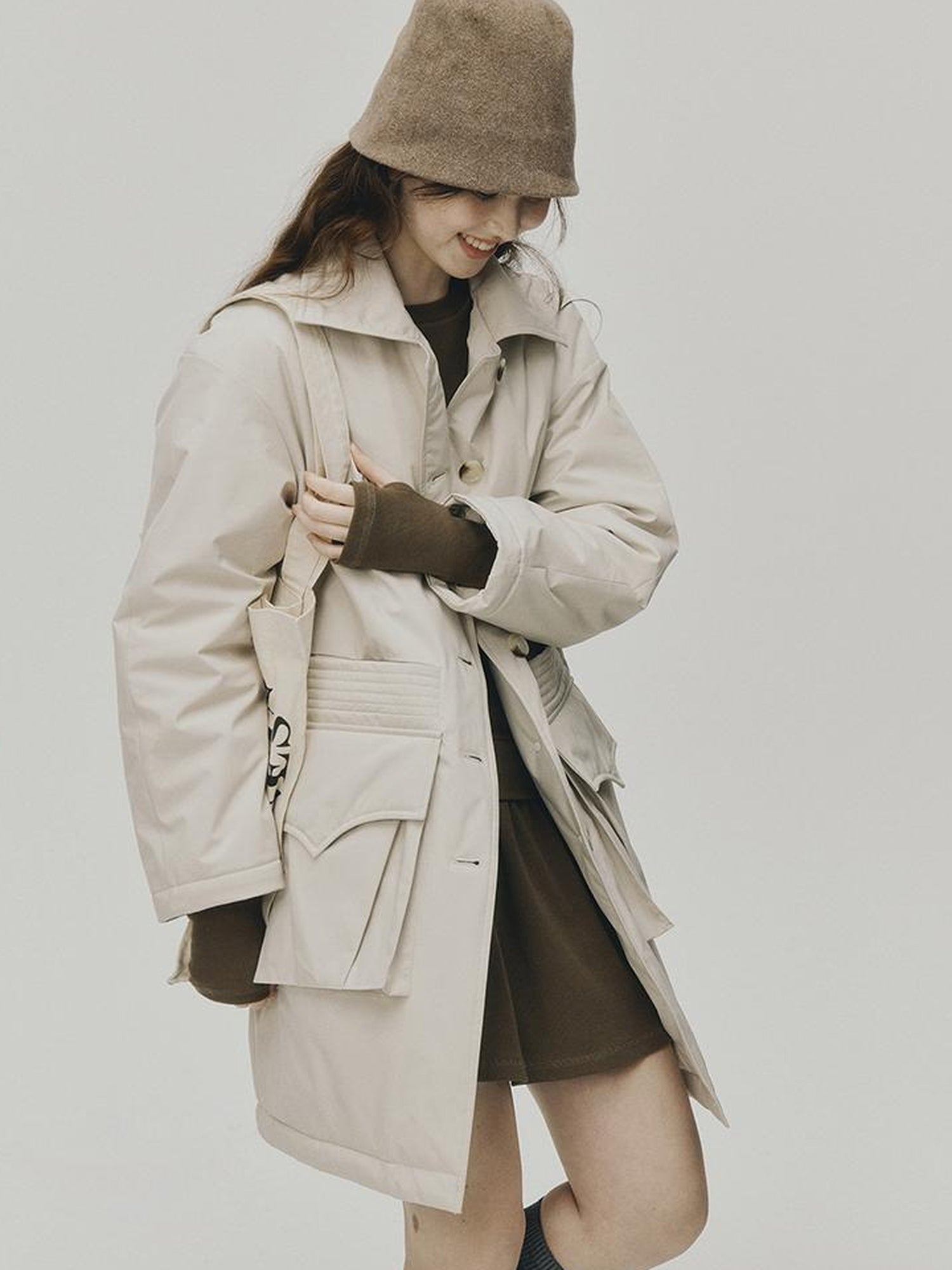 FUSSED Quilted Wool Filled Trench Coat In Oatmeal Grey