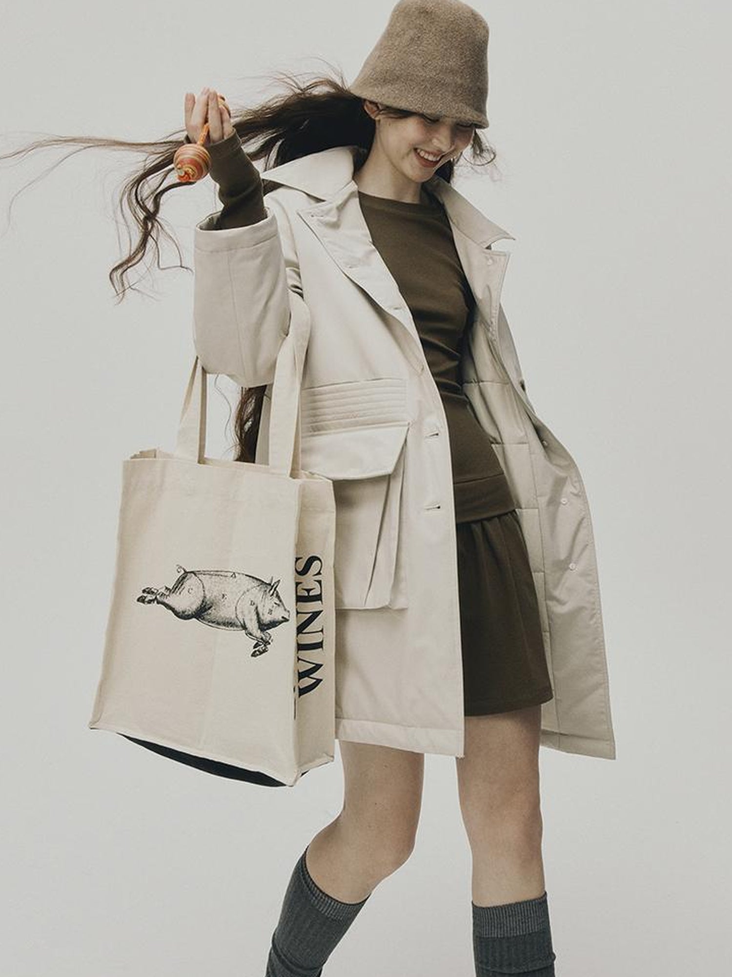 FUSSED Quilted Wool Filled Trench Coat In Oatmeal Grey