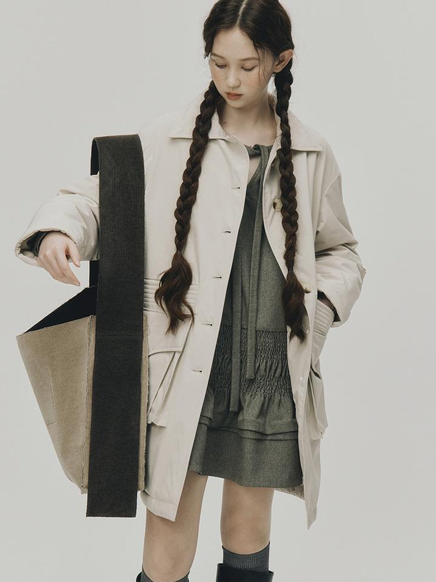 FUSSED Quilted Wool Filled Trench Coat In Oatmeal Grey