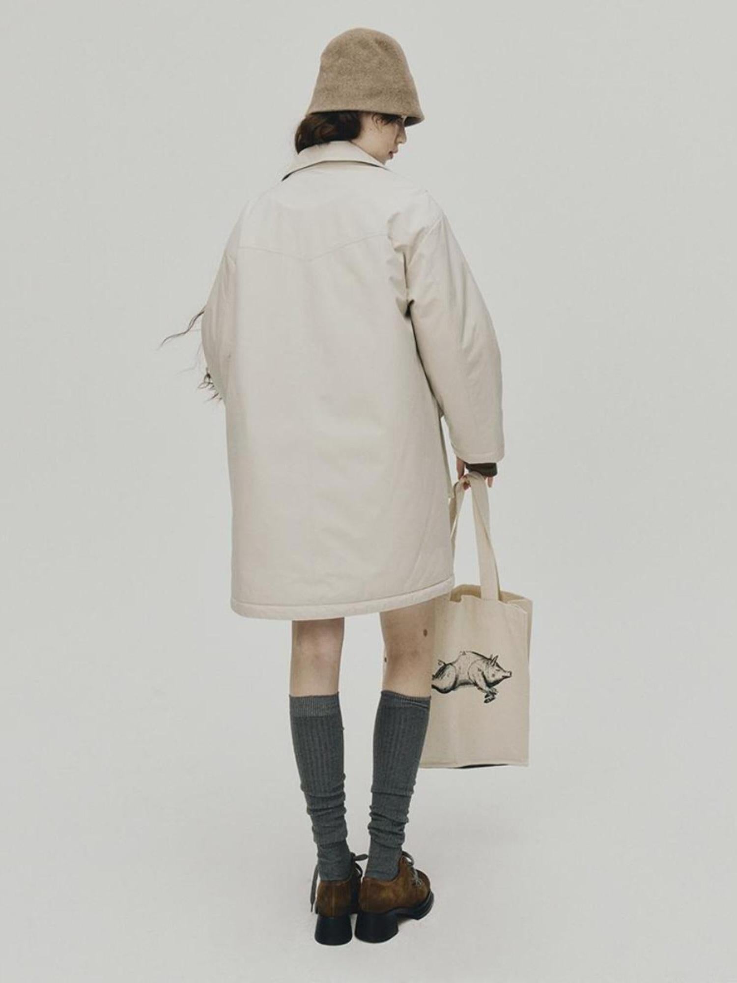 FUSSED Quilted Wool Filled Trench Coat In Oatmeal Grey