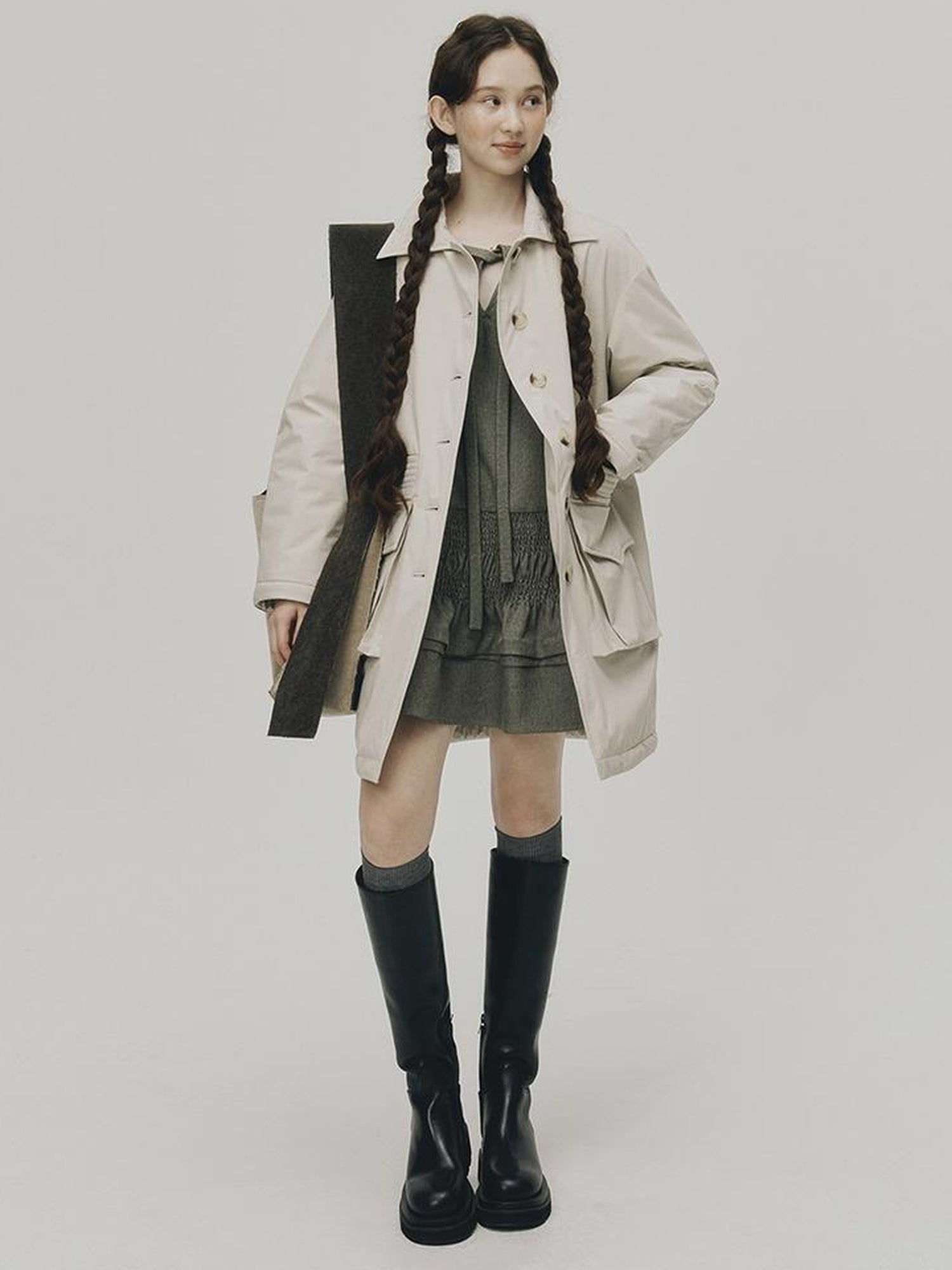 FUSSED Quilted Wool Filled Trench Coat In Oatmeal Grey