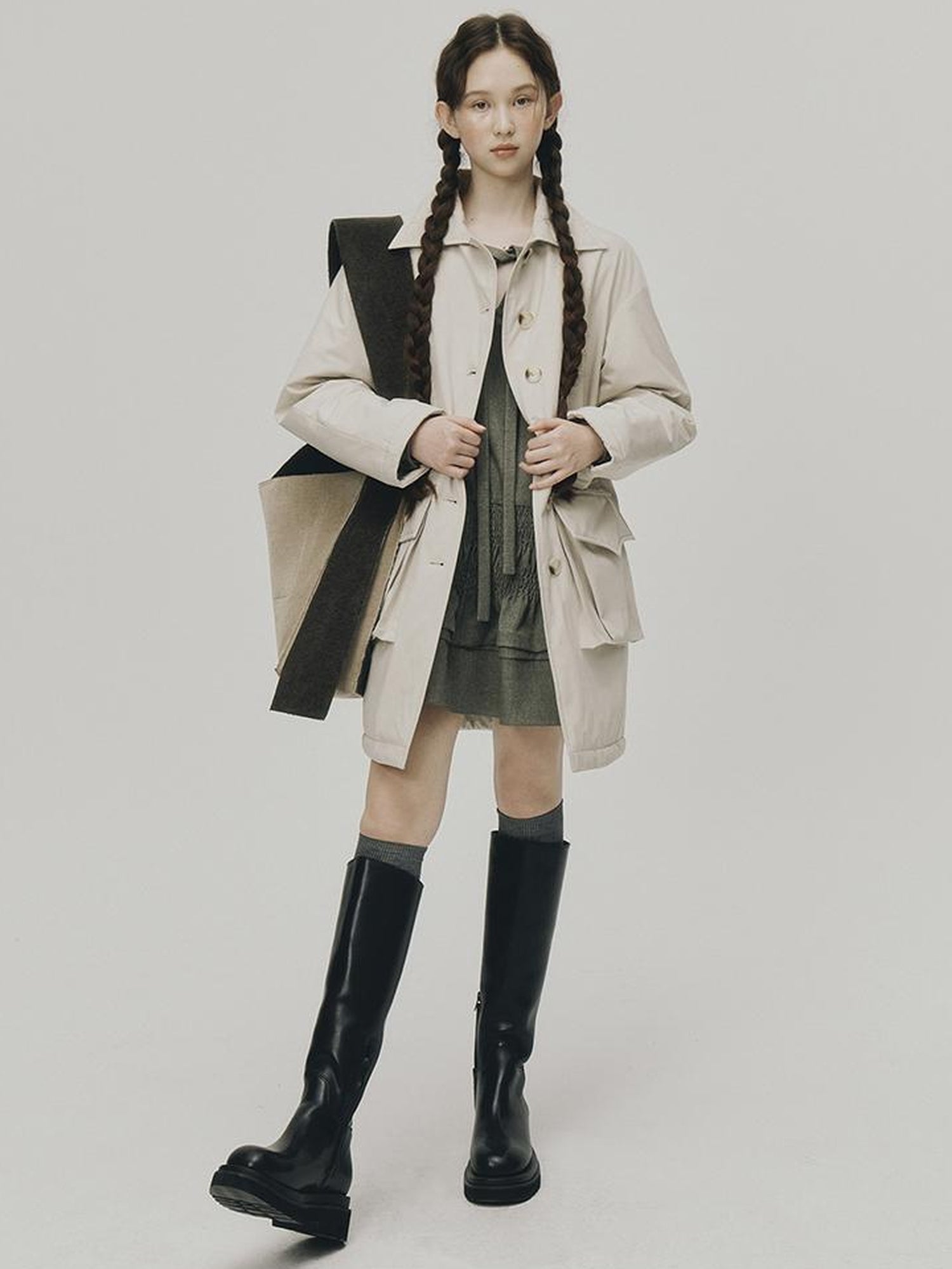 FUSSED Quilted Wool Filled Trench Coat In Oatmeal Grey