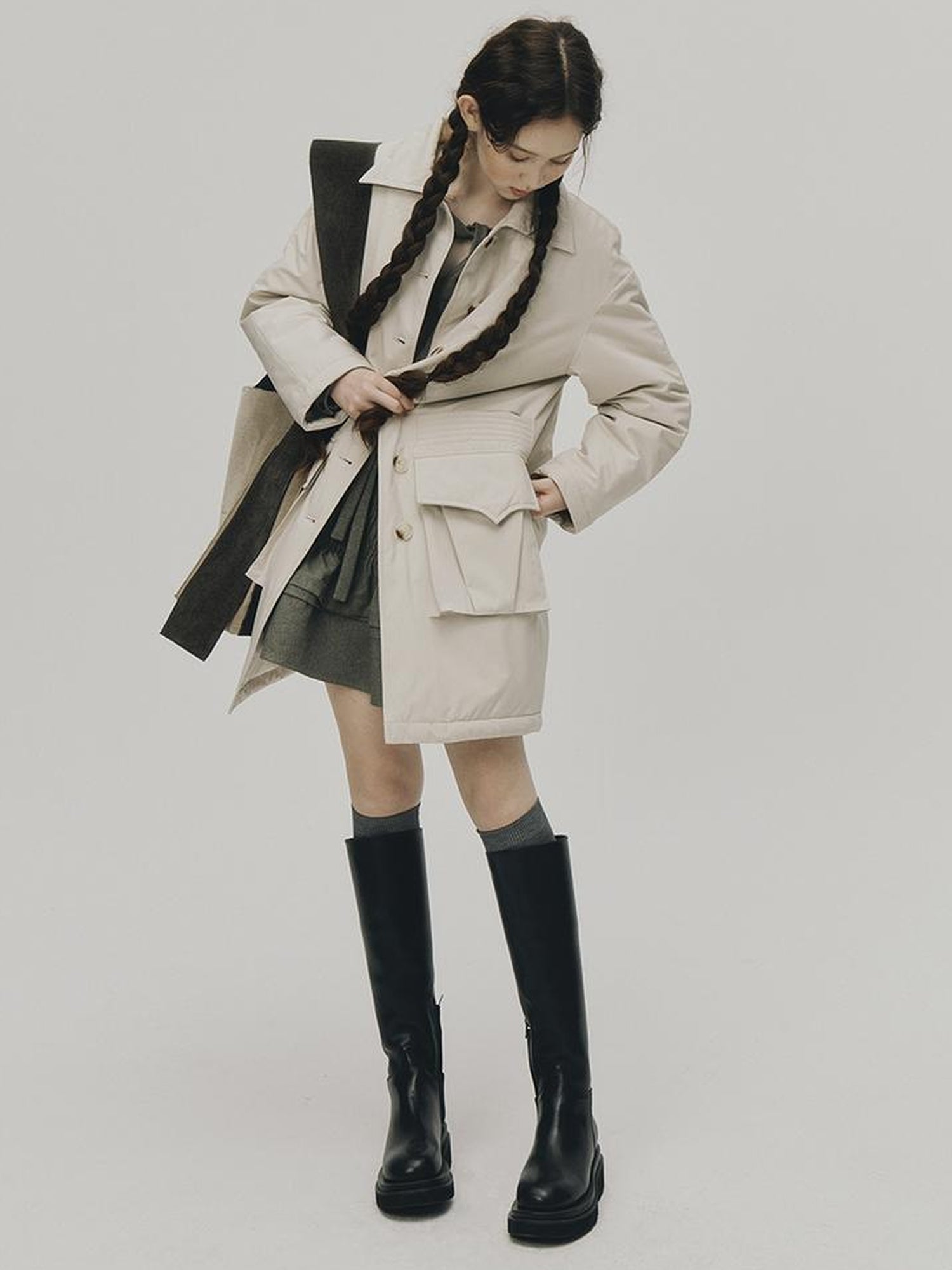 FUSSED Quilted Wool Filled Trench Coat In Oatmeal Grey