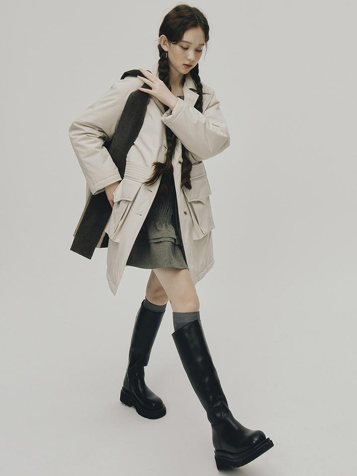 FUSSED Quilted Wool Filled Trench Coat In Oatmeal Grey