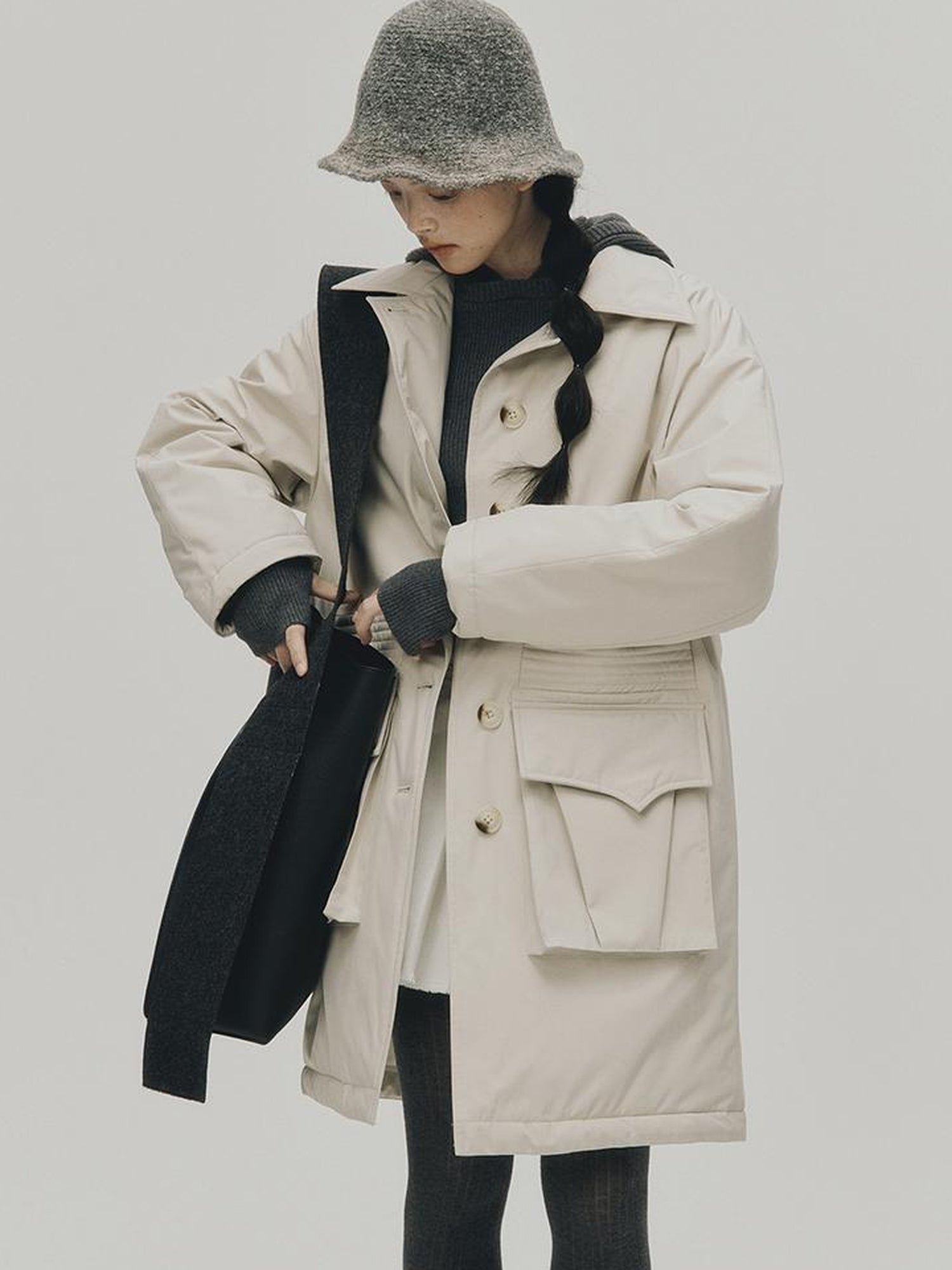 FUSSED Quilted Wool Filled Trench Coat In Oatmeal Grey
