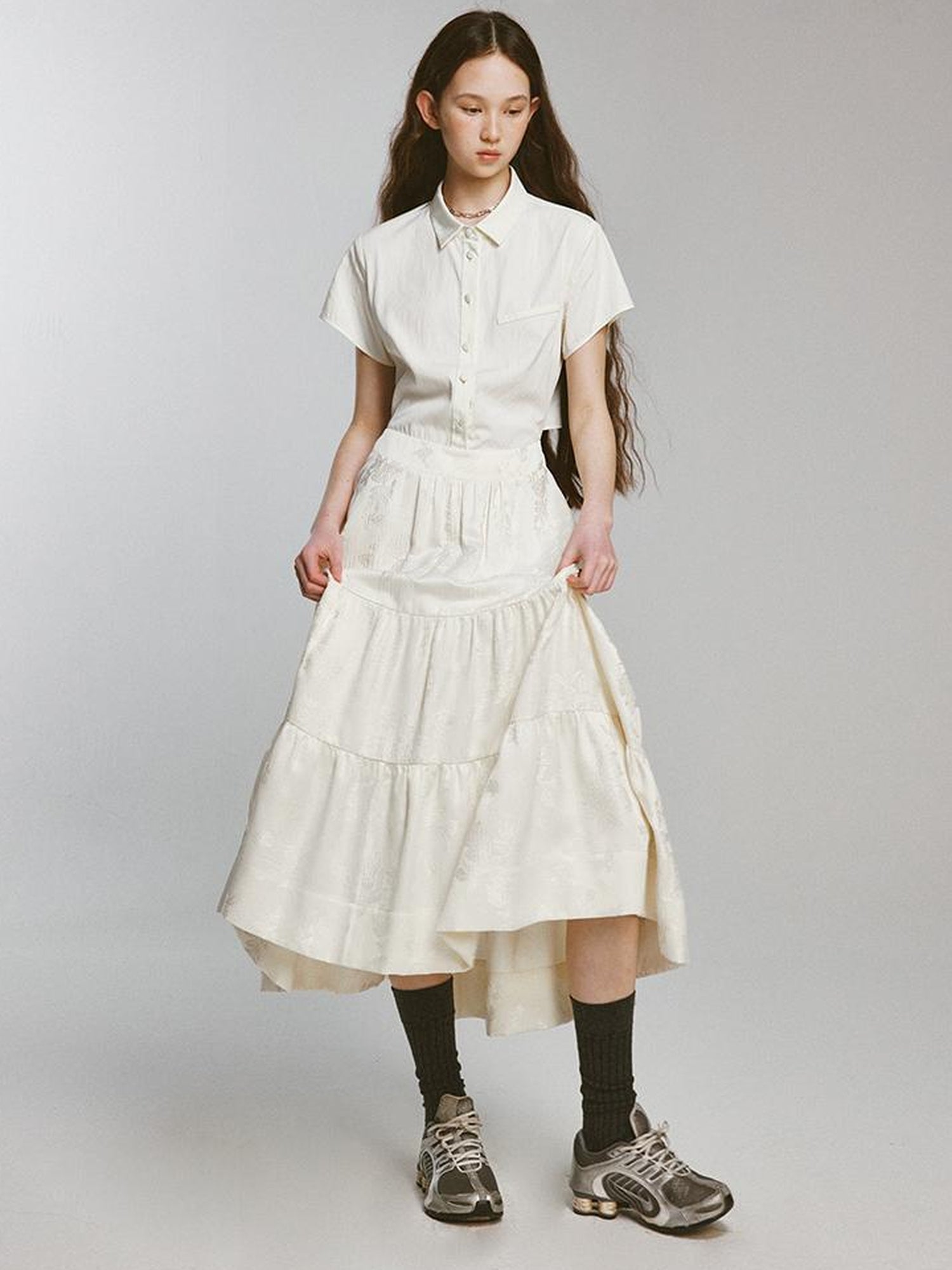 FUSSED Rebellious Court Texture Embroidered Layered Shirt Dress