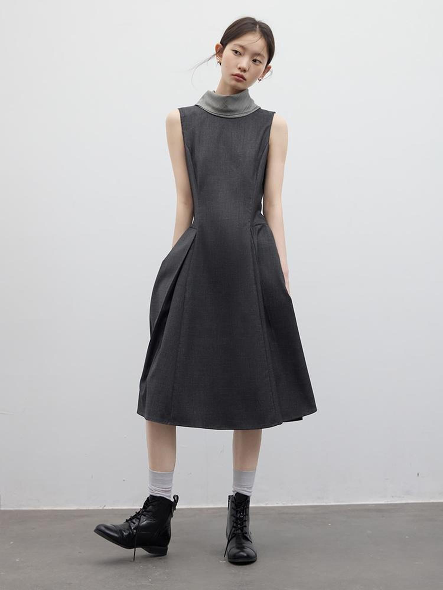 FUSSED Refined Gray Slim Fit Pleated Reversible Waistcoat Dress