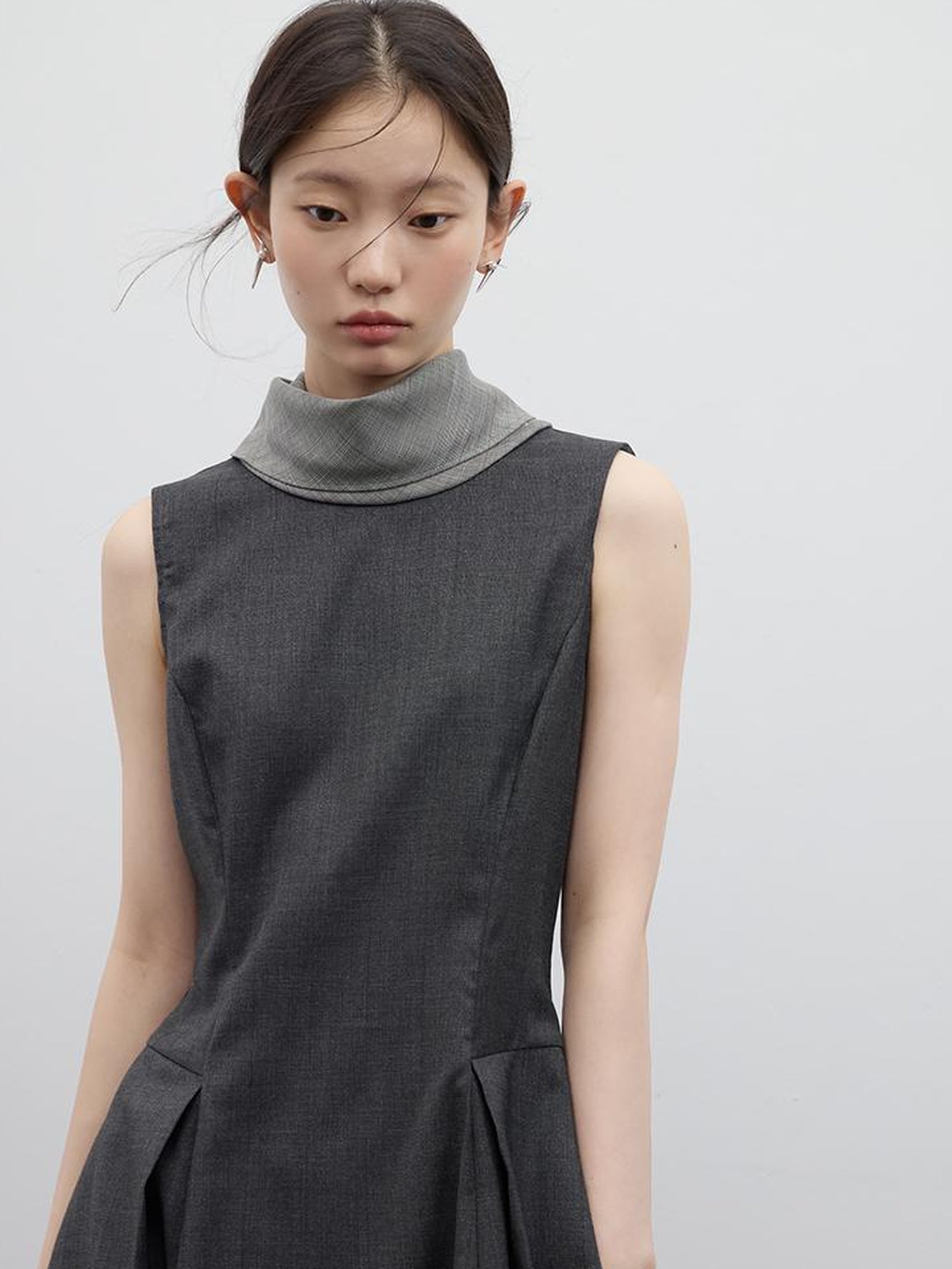 FUSSED Refined Gray Slim Fit Pleated Reversible Waistcoat Dress