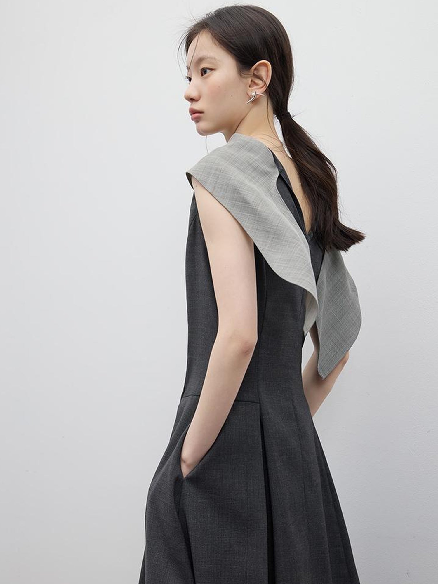 FUSSED Refined Gray Slim Fit Pleated Reversible Waistcoat Dress