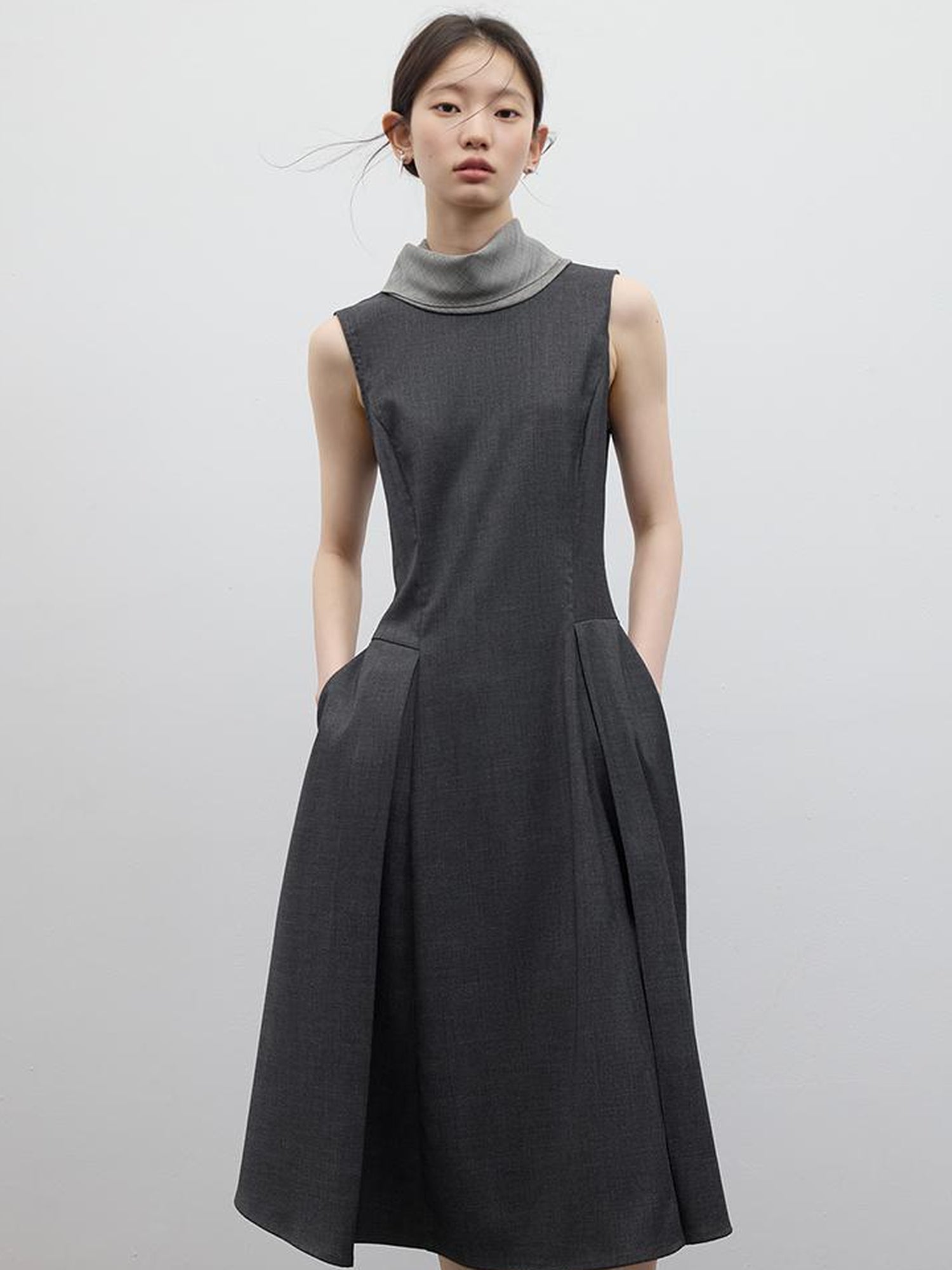 FUSSED Refined Gray Slim Fit Pleated Reversible Waistcoat Dress