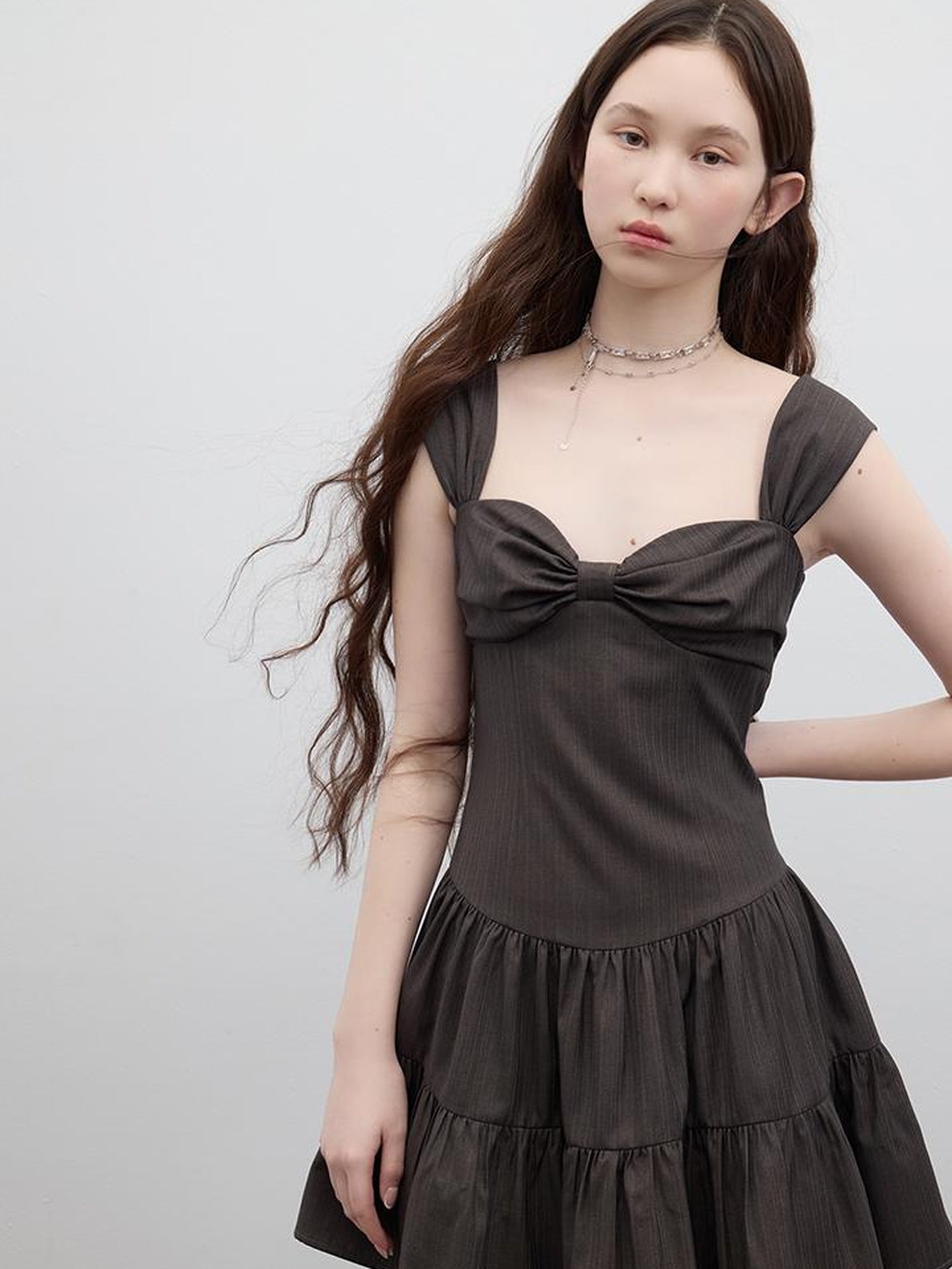 FUSSED Retro Ballroom Bow Bust Brown Tiered Dress V-Neck T-Shirt Long-Sleeve