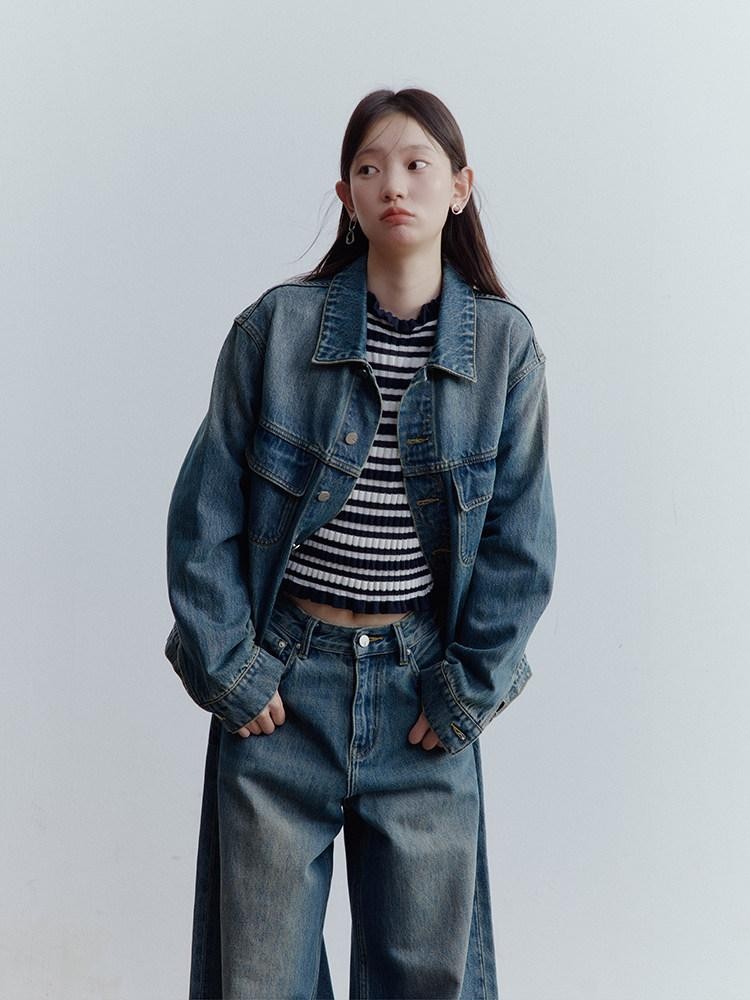 FUSSED Retro Blue Heavy Wash Metal Trim Oversized Women&