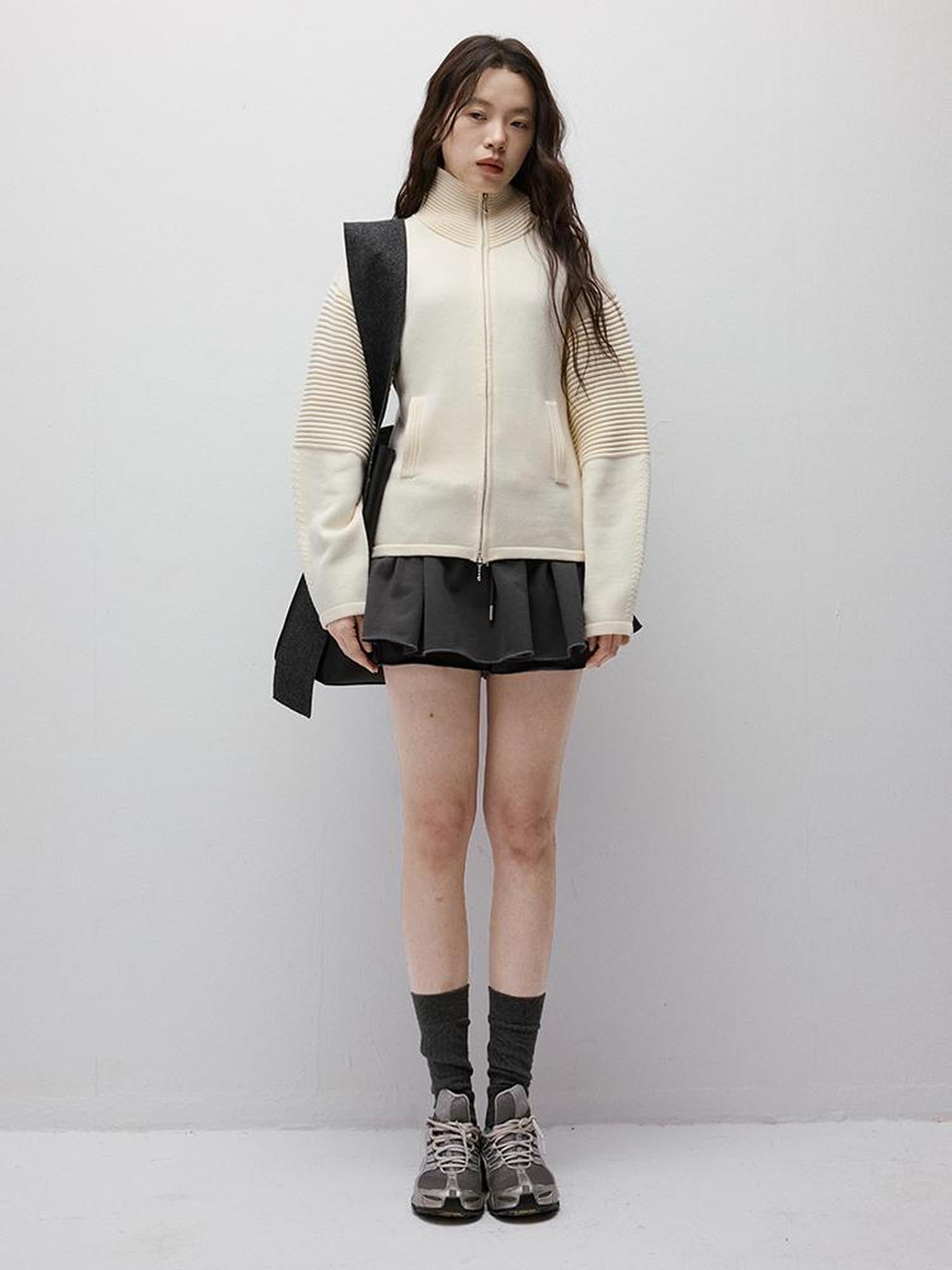 FUSSED Rippled Art Wave Knit Wool Blend Cropped Cardigan