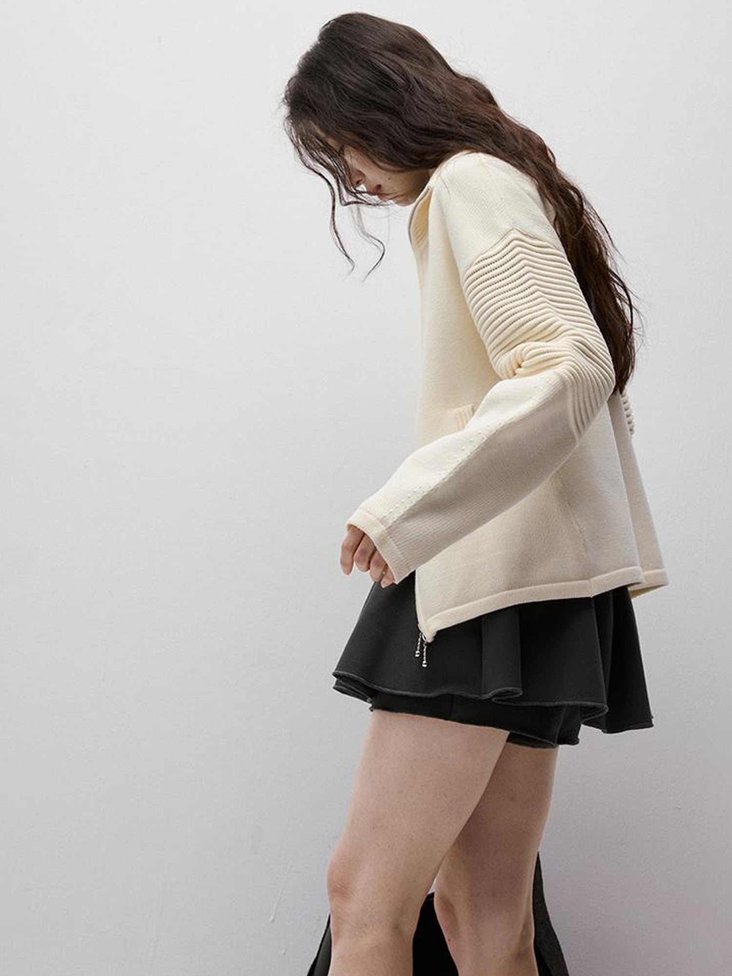 FUSSED Rippled Art Wave Knit Wool Blend Cropped Cardigan