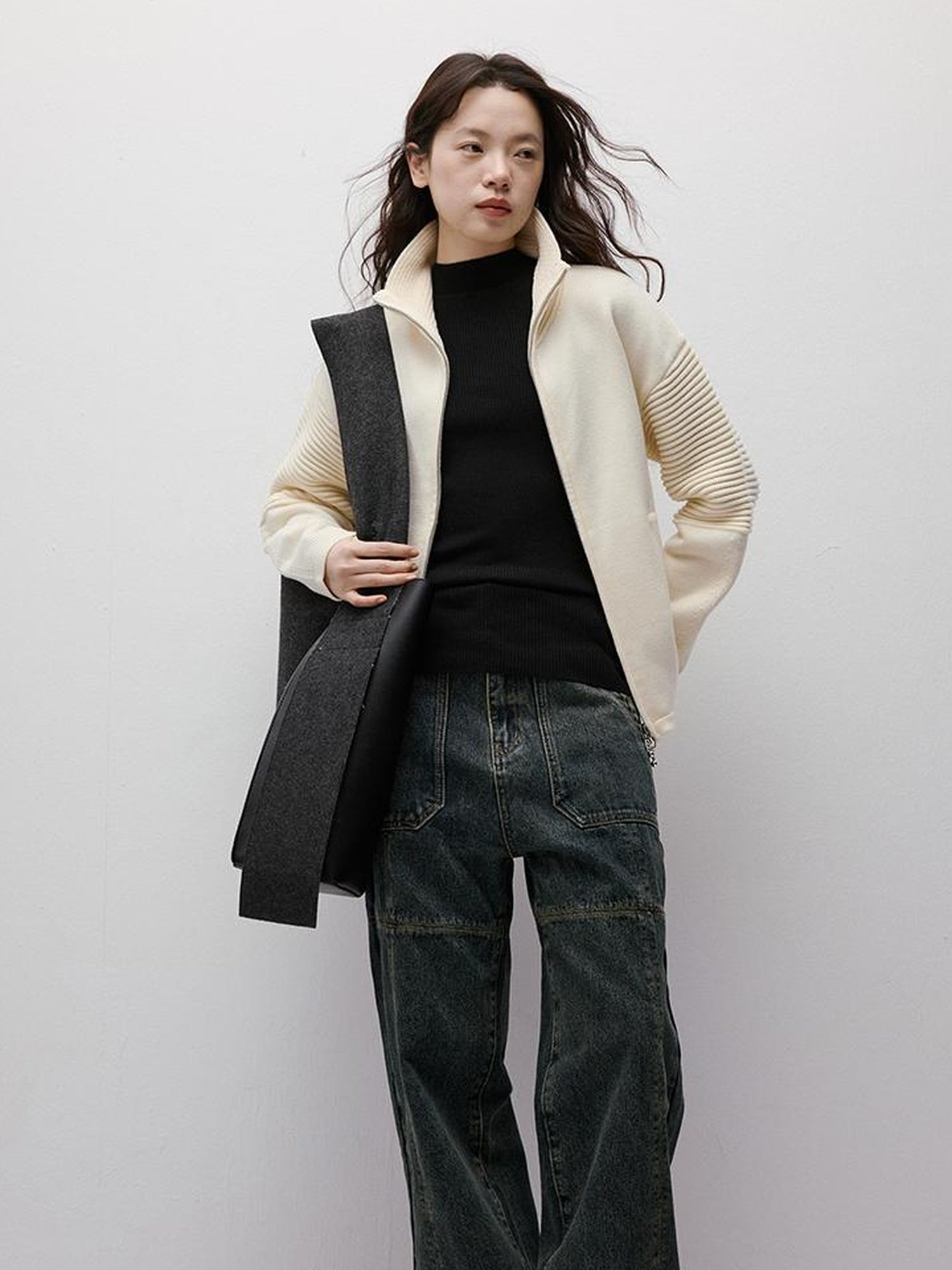 FUSSED Rippled Art Wave Knit Wool Blend Cropped Cardigan