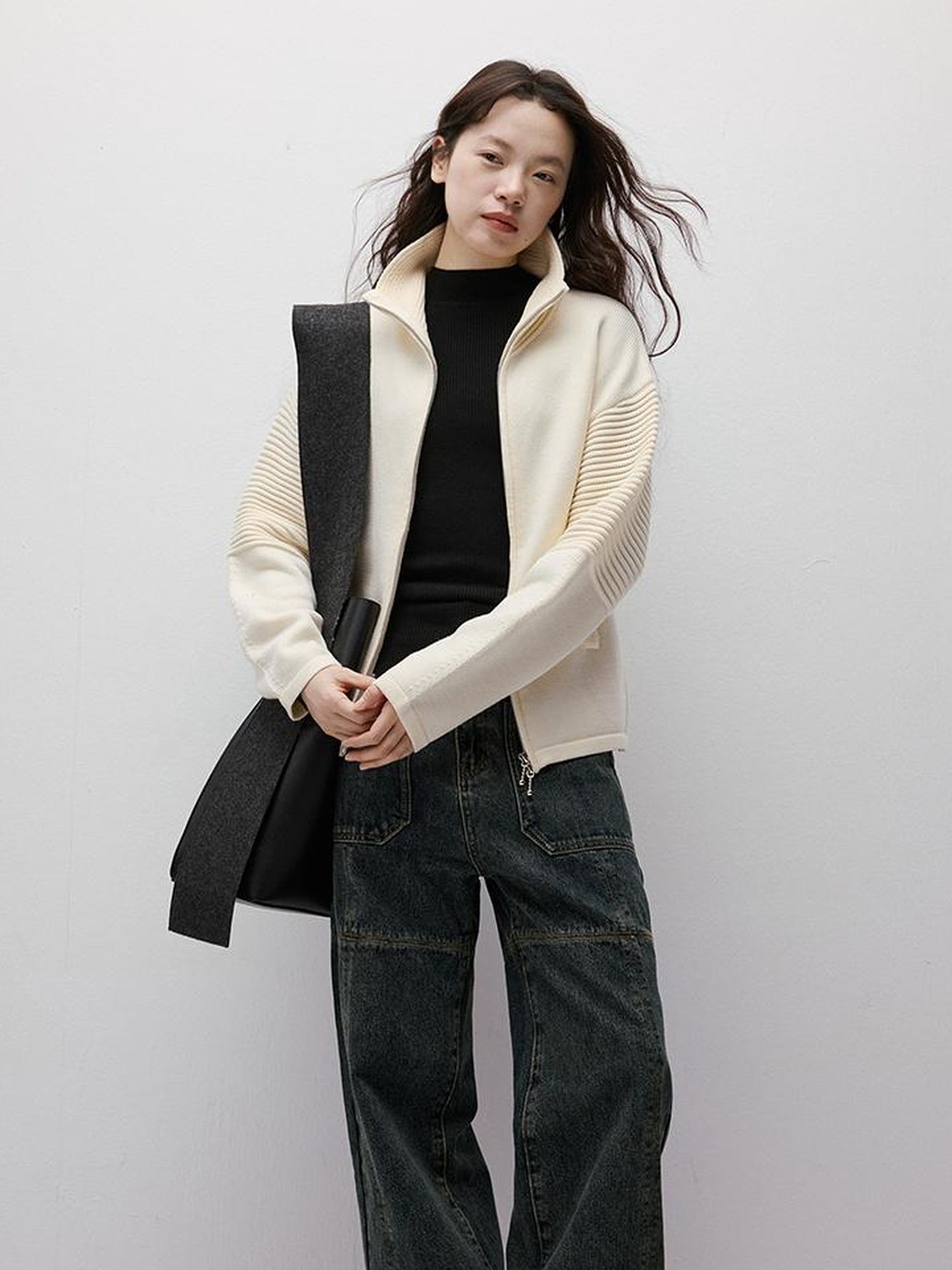 FUSSED Rippled Art Wave Knit Wool Blend Cropped Cardigan