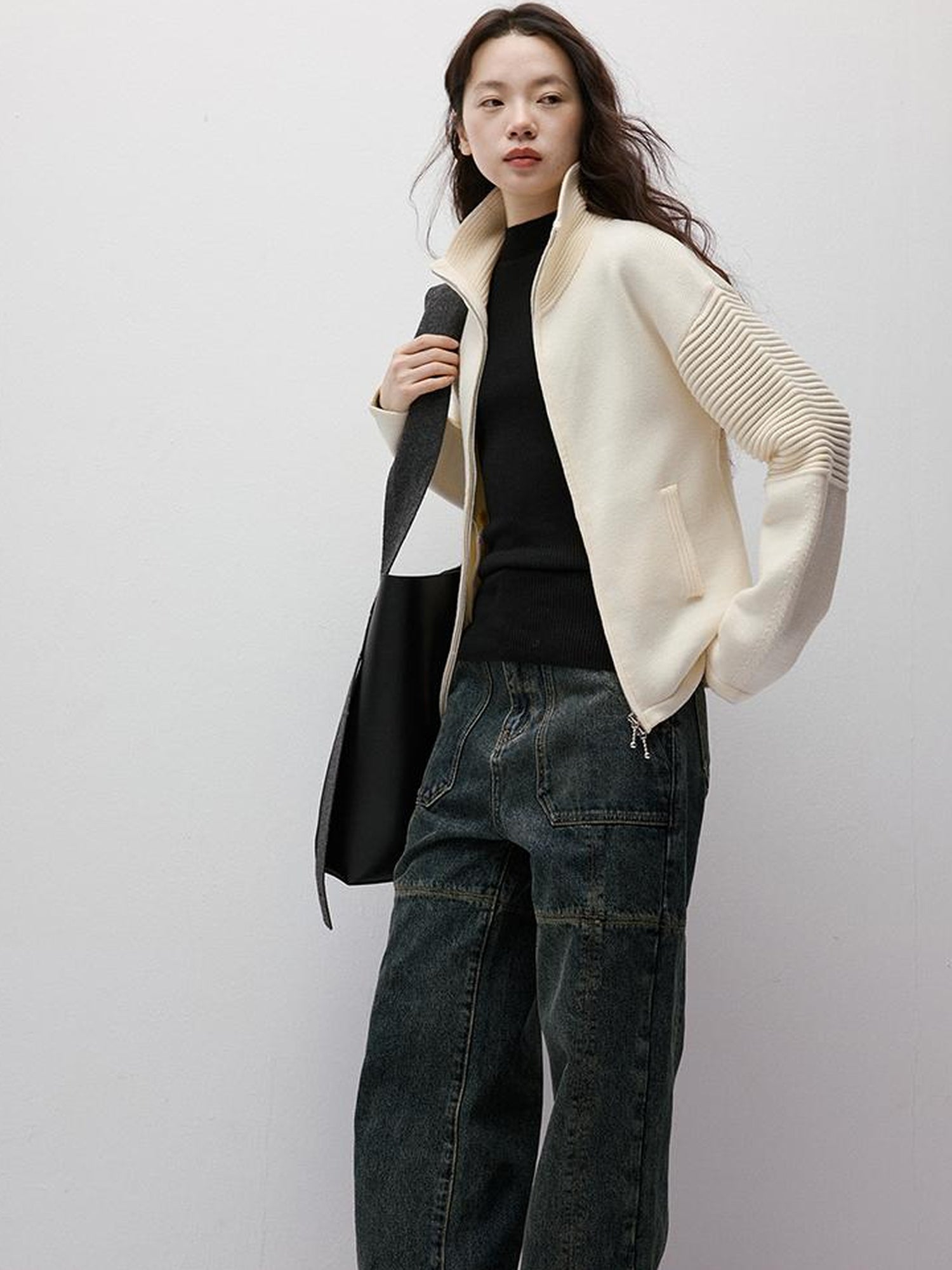 FUSSED Rippled Art Wave Knit Wool Blend Cropped Cardigan