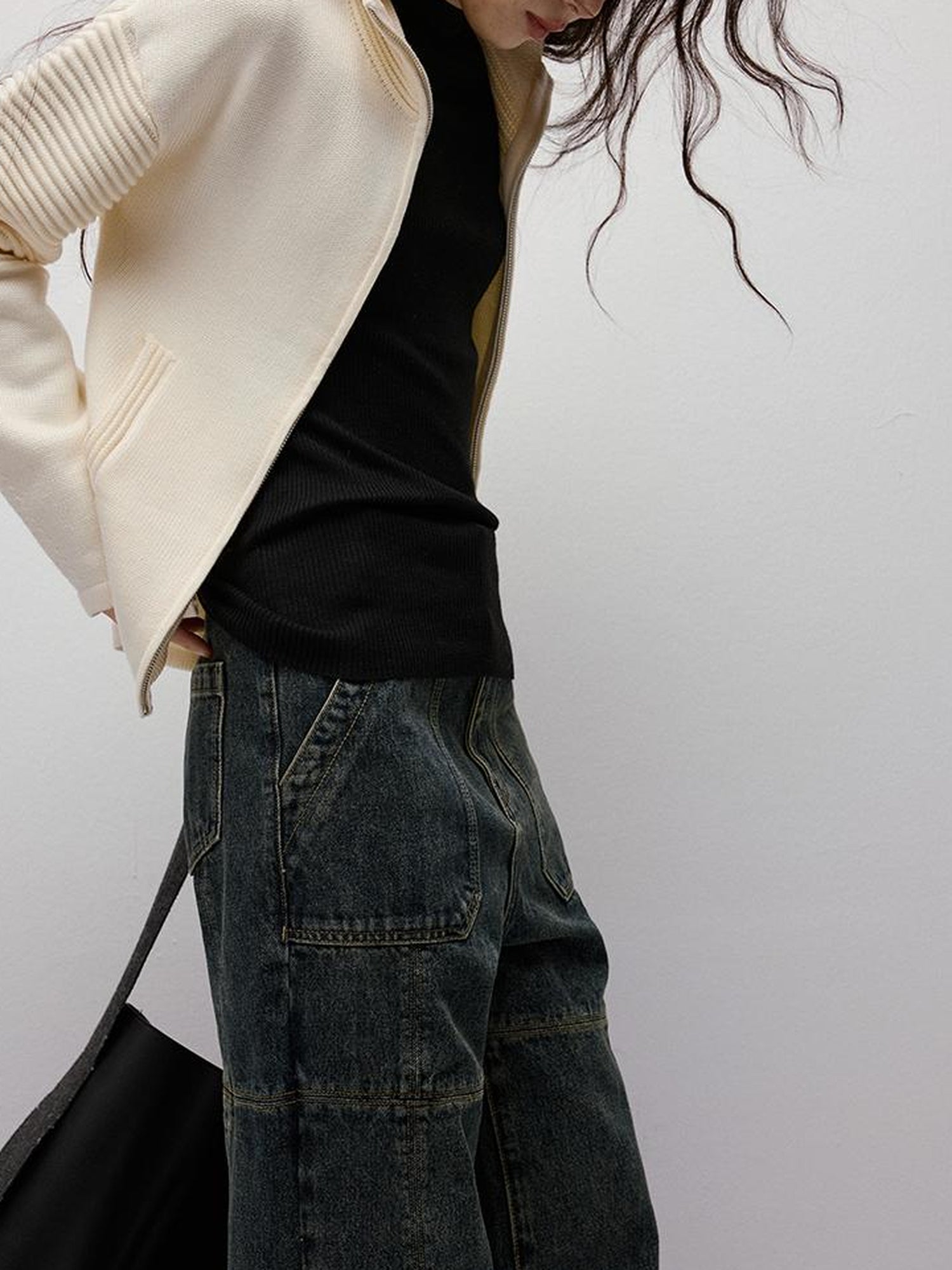 FUSSED Rippled Art Wave Knit Wool Blend Cropped Cardigan