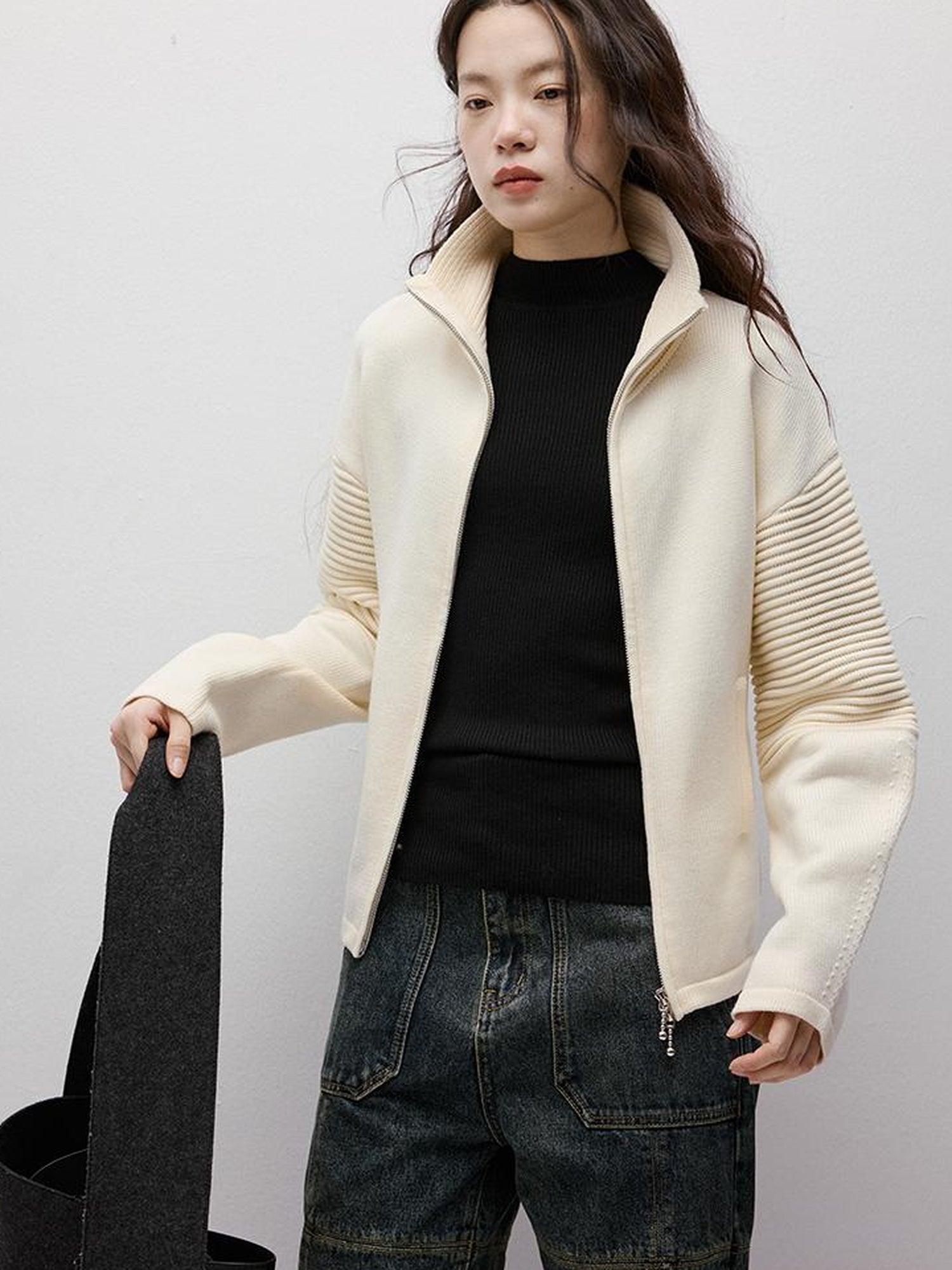 FUSSED Rippled Art Wave Knit Wool Blend Cropped Cardigan