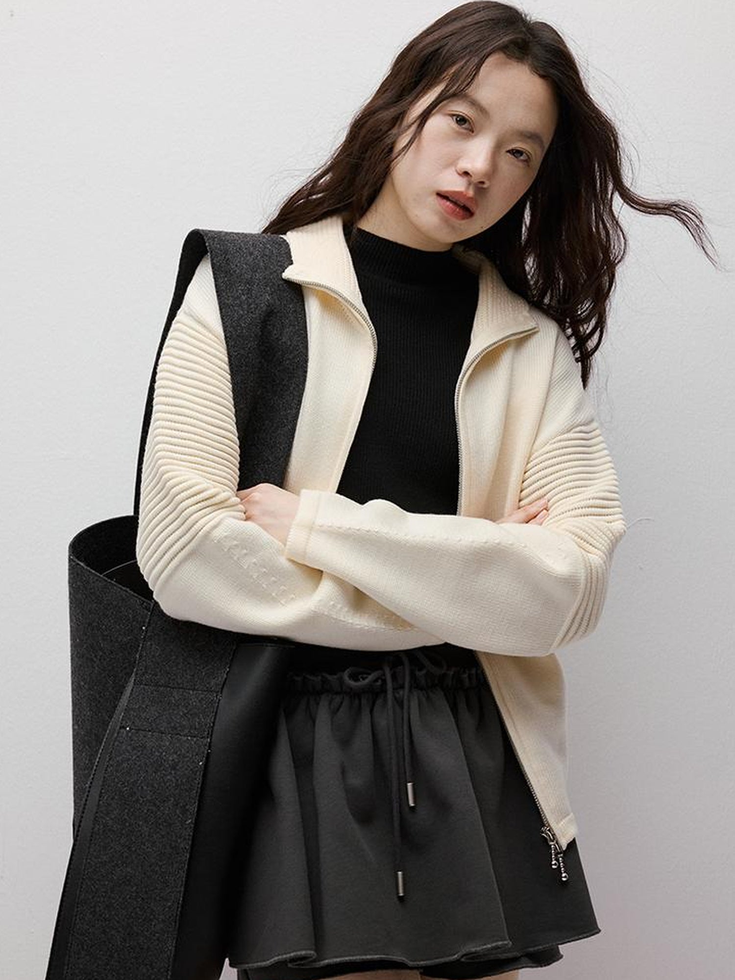 FUSSED Rippled Art Wave Knit Wool Blend Cropped Cardigan