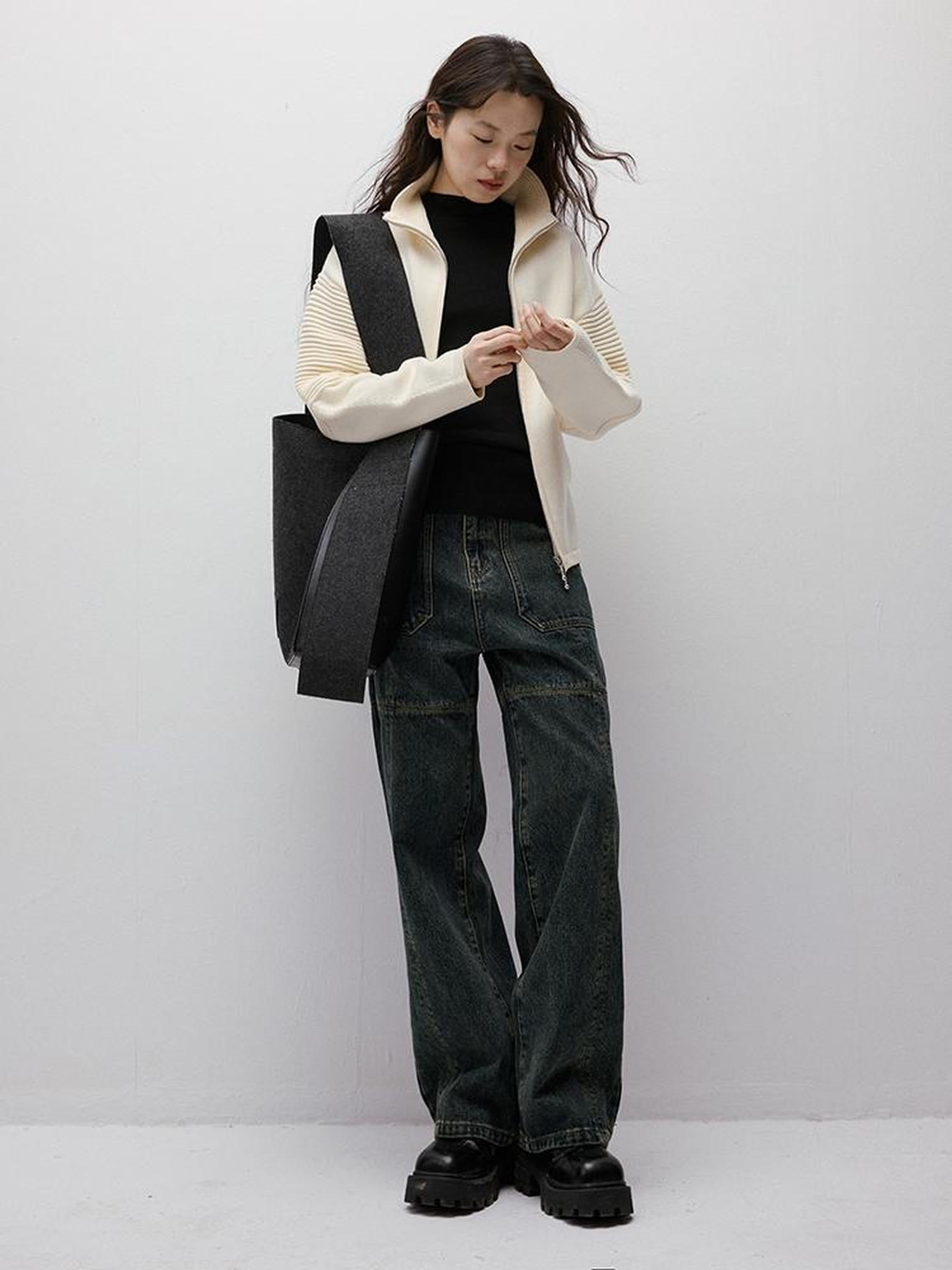 FUSSED Rippled Art Wave Knit Wool Blend Cropped Cardigan