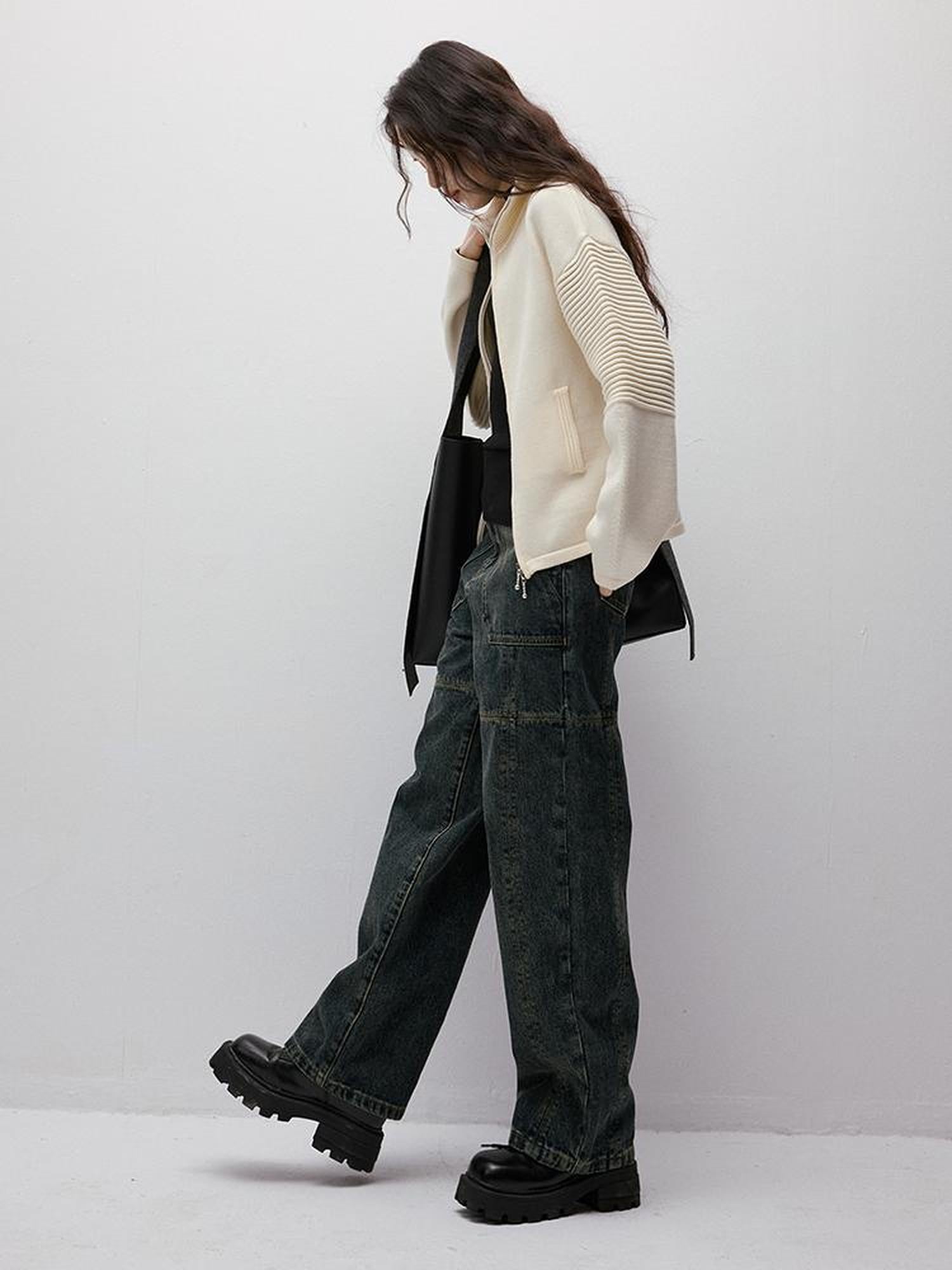 FUSSED Rippled Art Wave Knit Wool Blend Cropped Cardigan