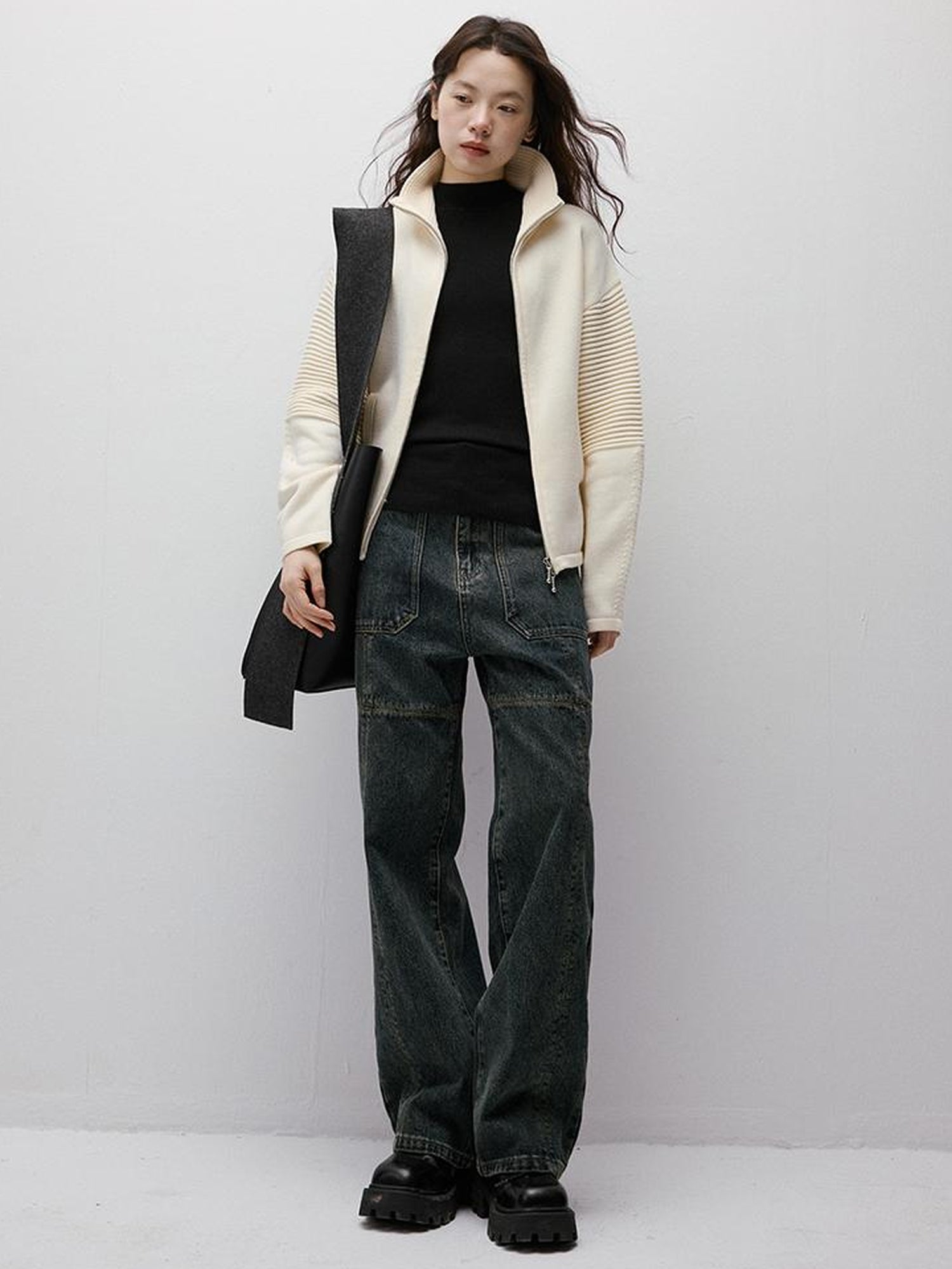 FUSSED Rippled Art Wave Knit Wool Blend Cropped Cardigan