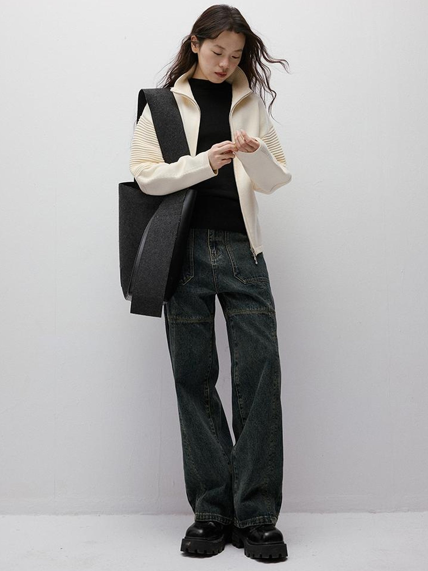 FUSSED Rippled Art Wave Knit Wool Blend Cropped Cardigan