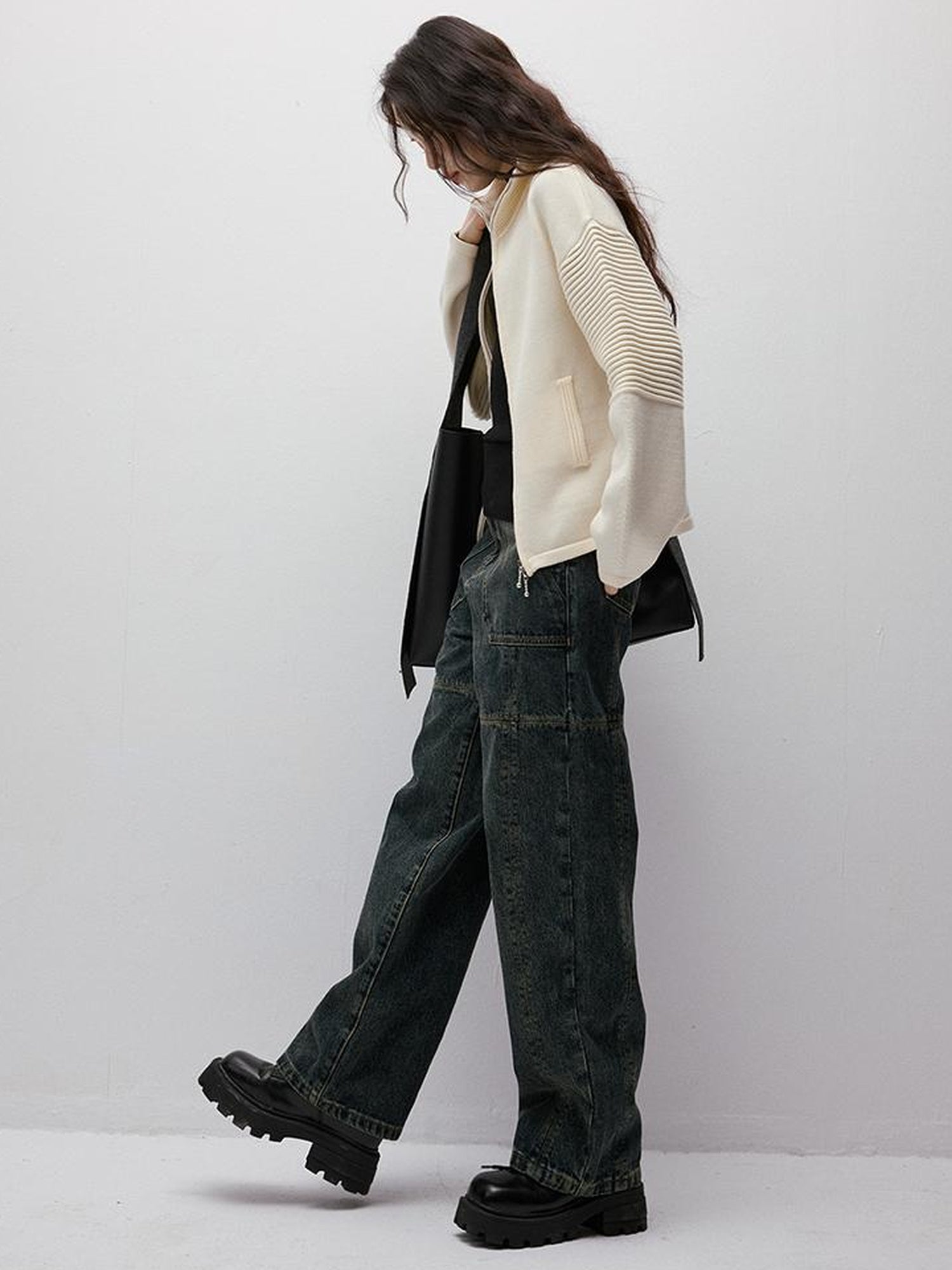 FUSSED Rippled Art Wave Knit Wool Blend Cropped Cardigan