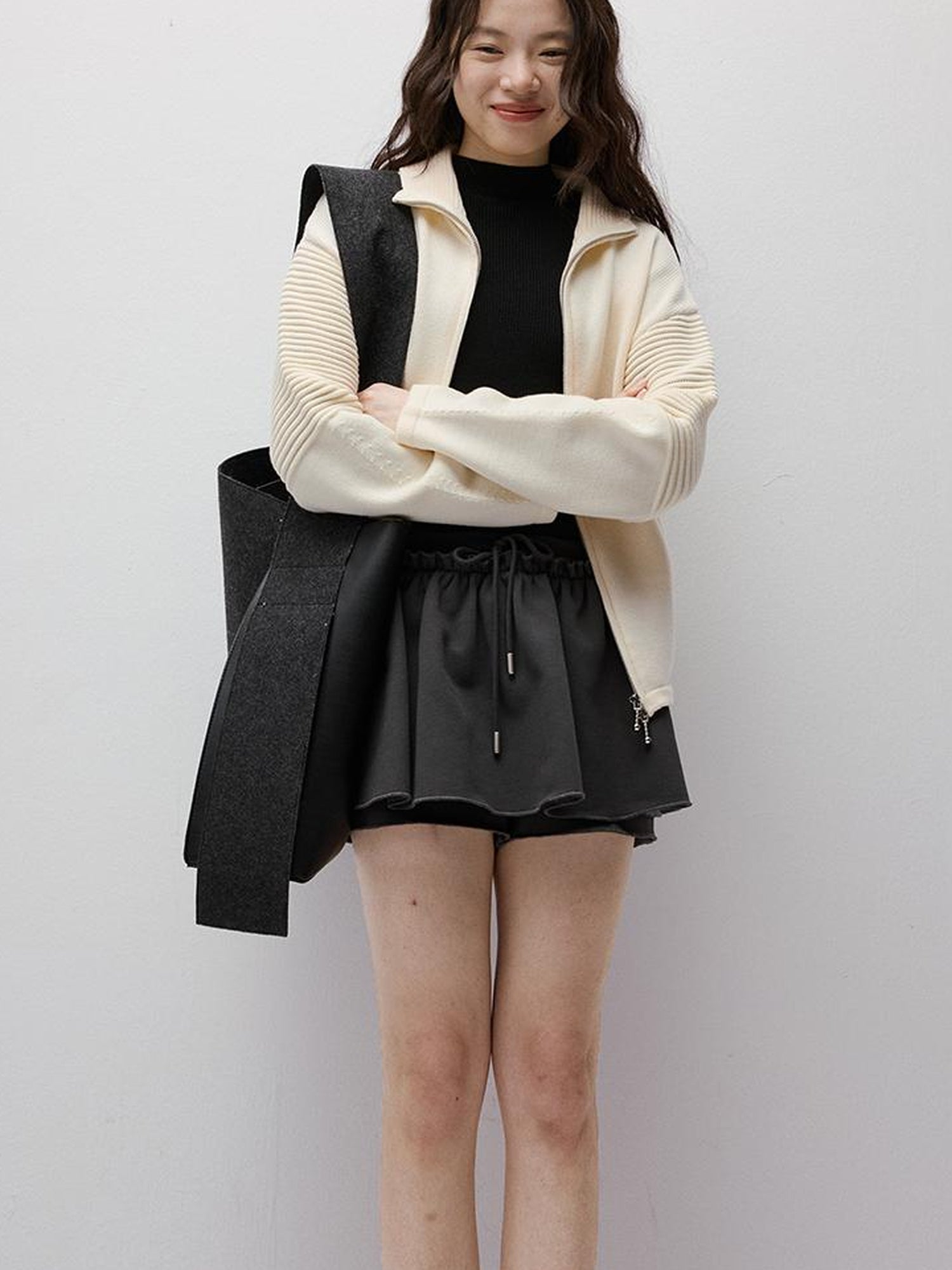 FUSSED Rippled Art Wave Knit Wool Blend Cropped Cardigan