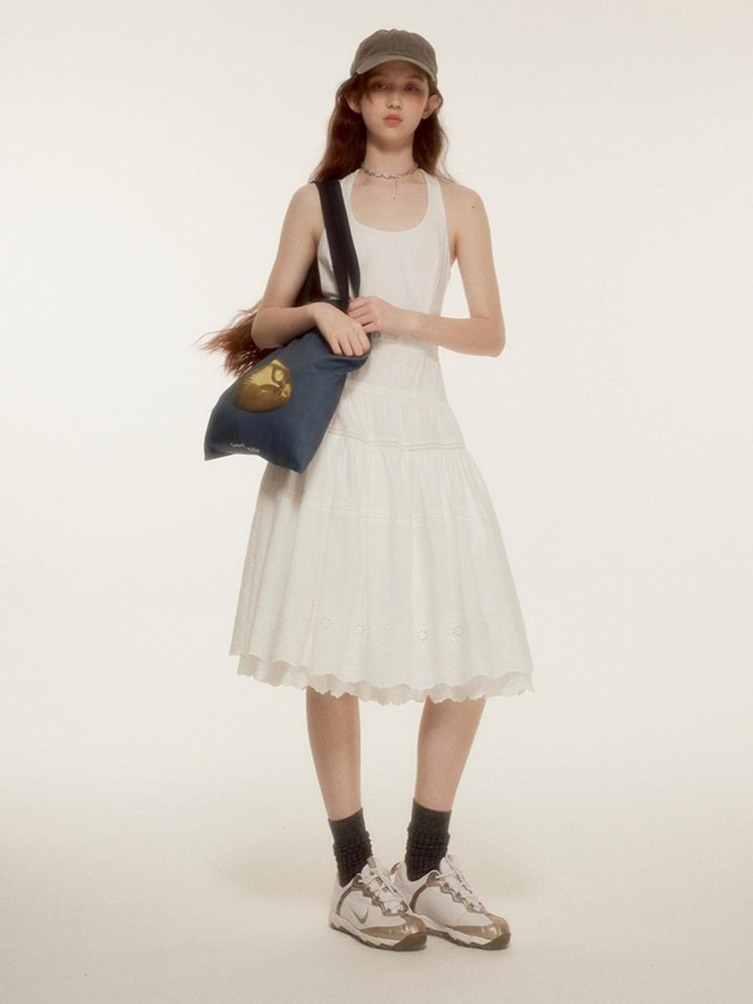 FUSSED Roman Holiday Floral Cutwork Embroidery Tiered Cotton Dress V-neck T-shirt Long Sleeve