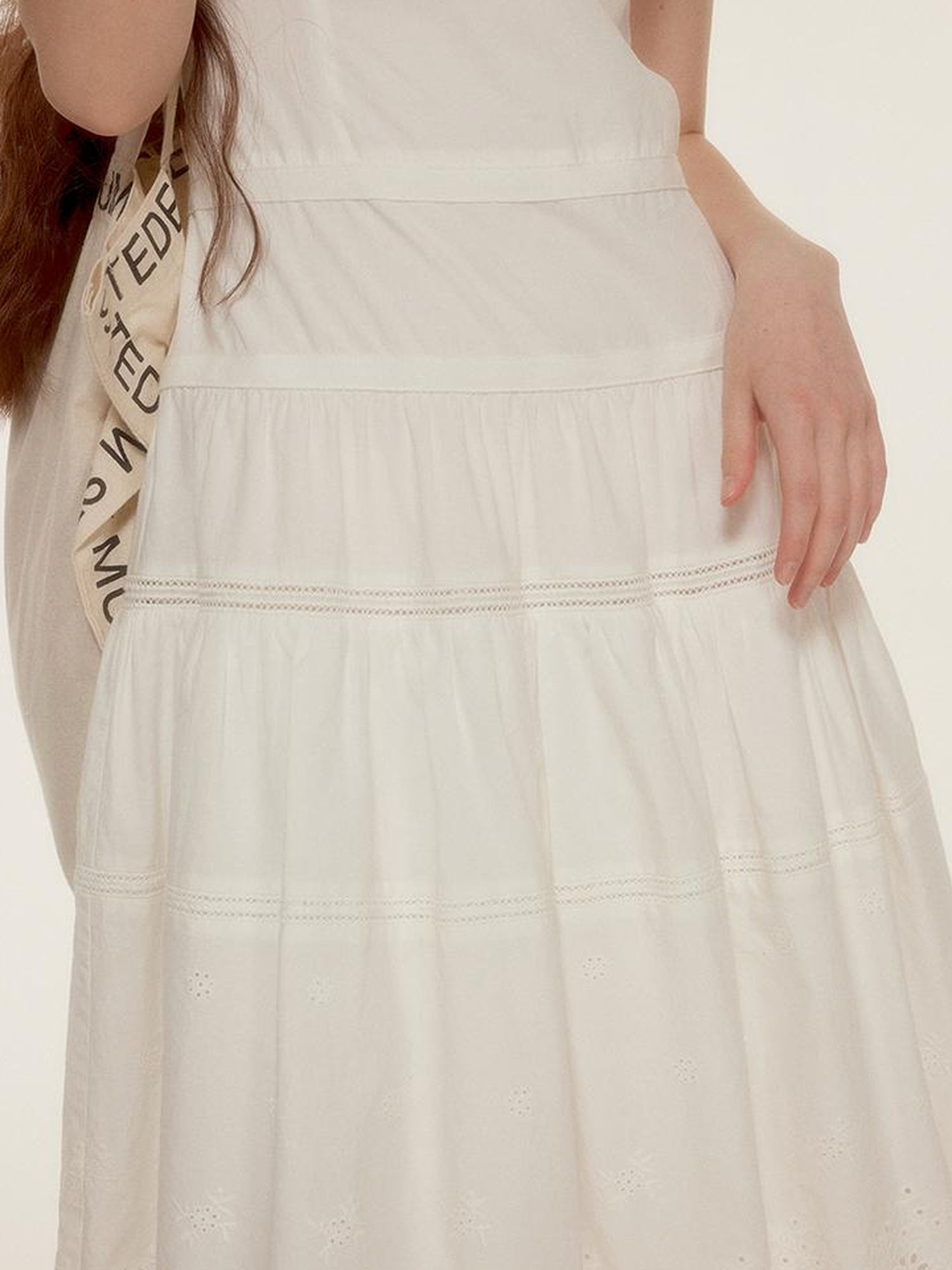 FUSSED Roman Holiday Floral Cutwork Embroidery Tiered Cotton Dress V Neck T Shirt Long Sleeve