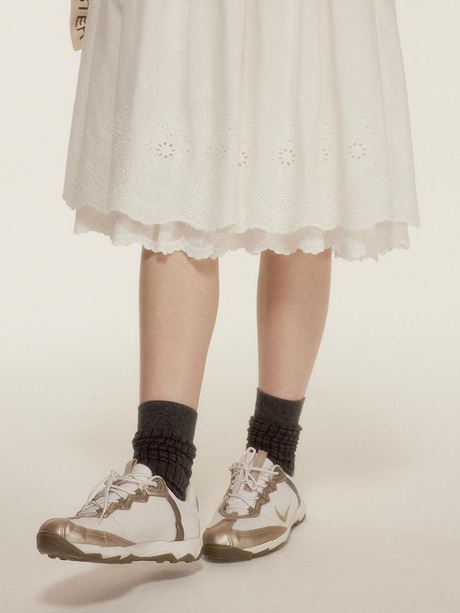 FUSSED Roman Holiday Floral Cutwork Embroidery Tiered Cotton Dress V Neck T Shirt Long Sleeve