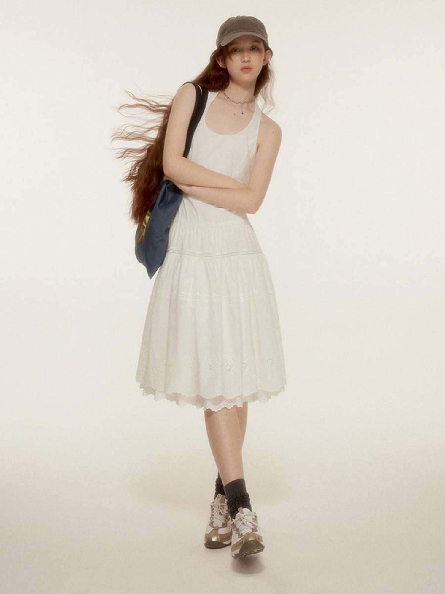 FUSSED Roman Holiday Floral Cutwork Embroidery Tiered Cotton Dress V-neck T-shirt Long Sleeve