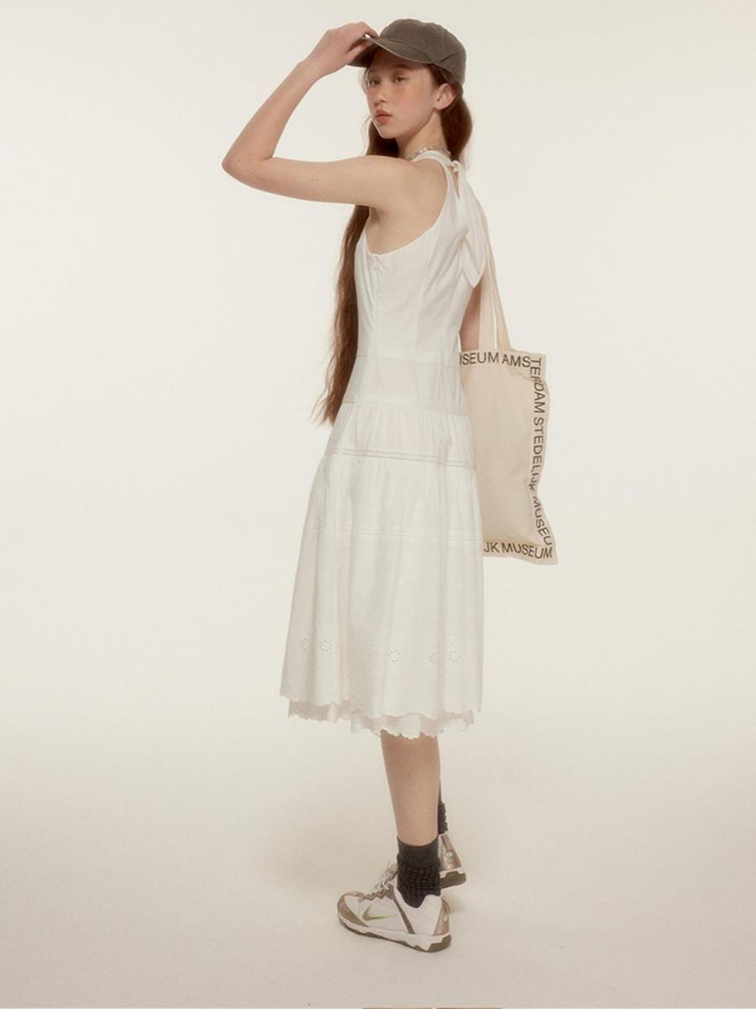 FUSSED Roman Holiday Floral Cutwork Embroidery Tiered Cotton Dress V-neck T-shirt Long Sleeve