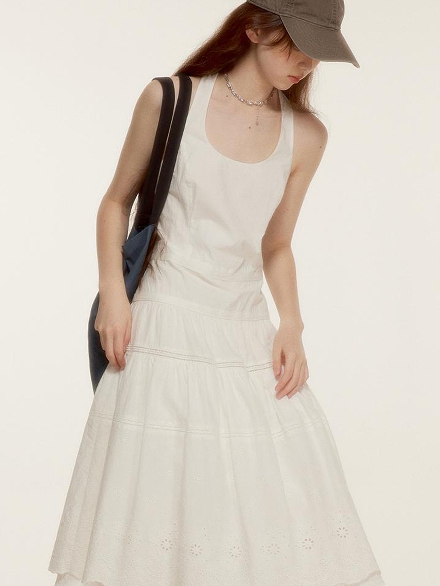 FUSSED Roman Holiday Floral Cutwork Embroidery Tiered Cotton Dress V Neck T Shirt Long Sleeve