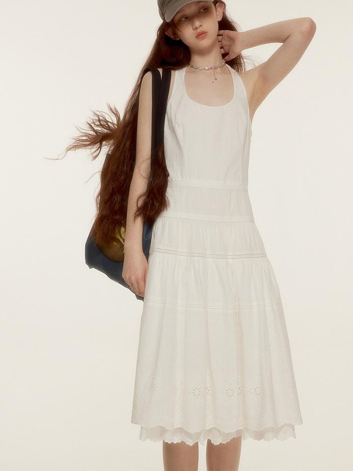 FUSSED Roman Holiday Floral Cutwork Embroidery Tiered Cotton Dress V Neck T Shirt Long Sleeve