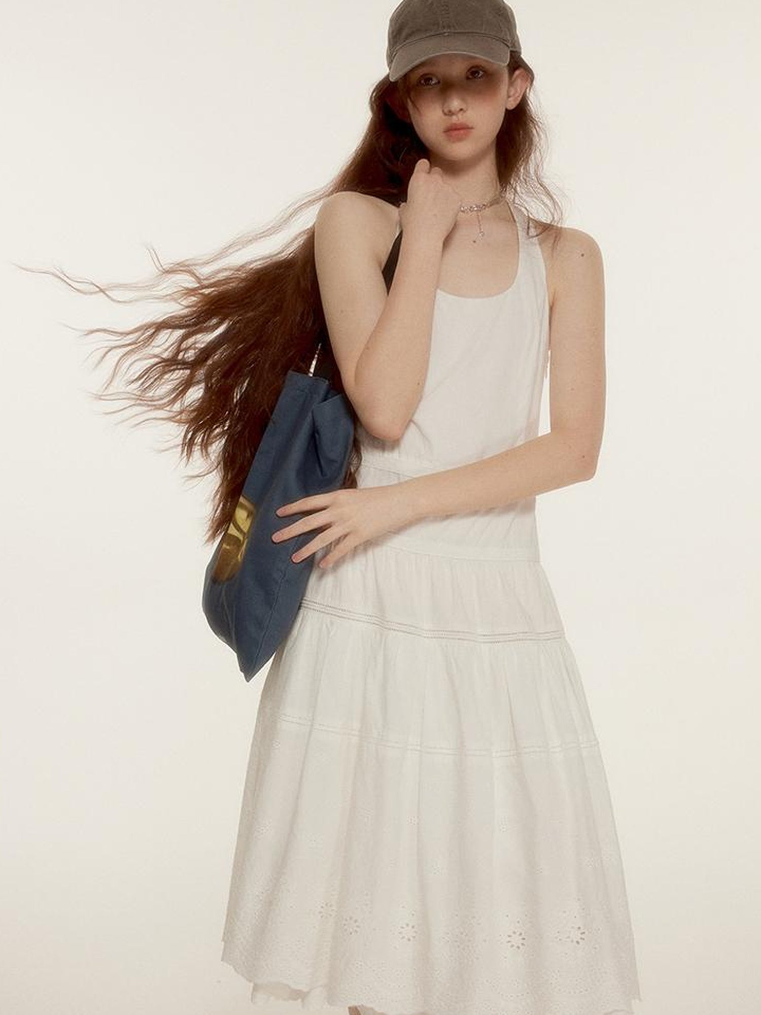 FUSSED Roman Holiday Floral Cutwork Embroidery Tiered Cotton Dress V Neck T Shirt Long Sleeve